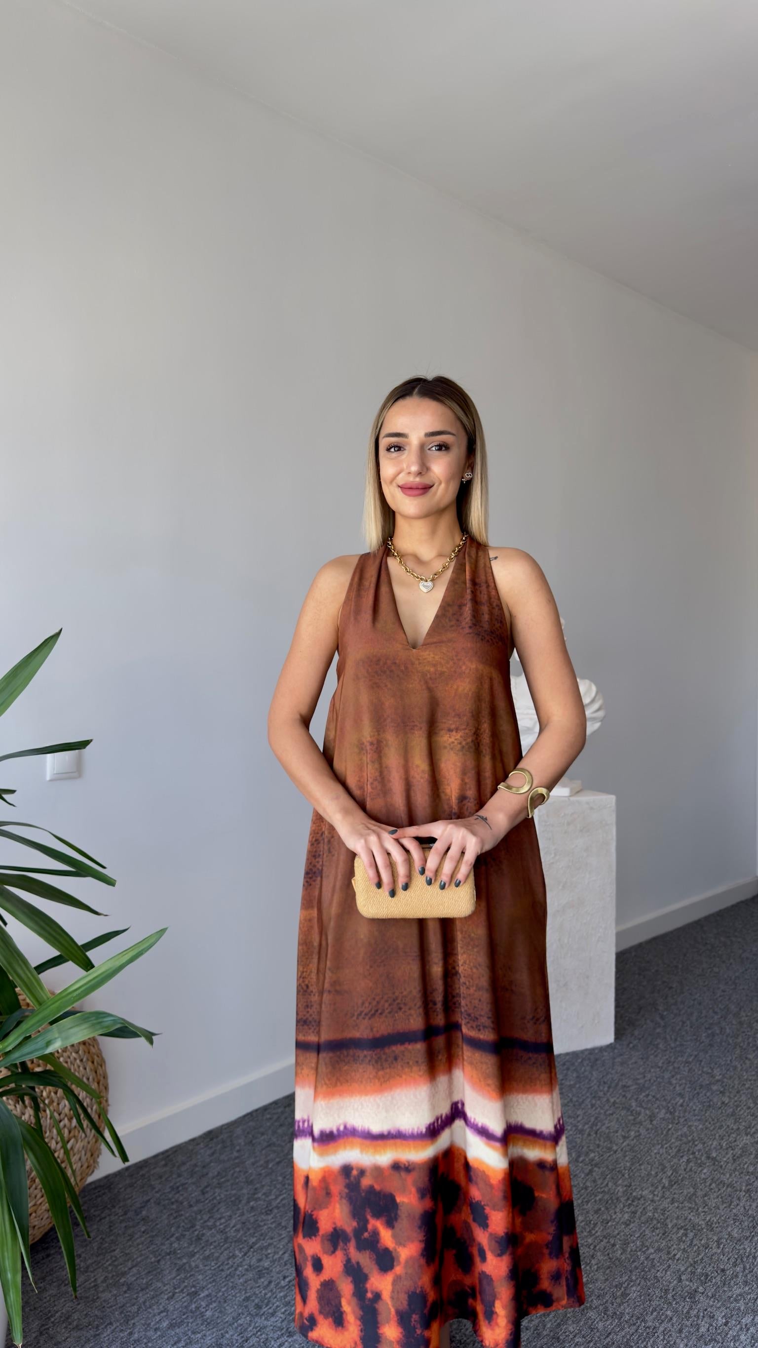 Kahve Etek Ucu Desenli Elbise