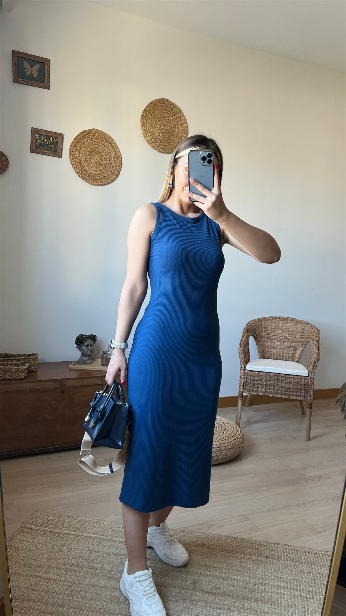 İndigo Fitilli Basic Elbise
