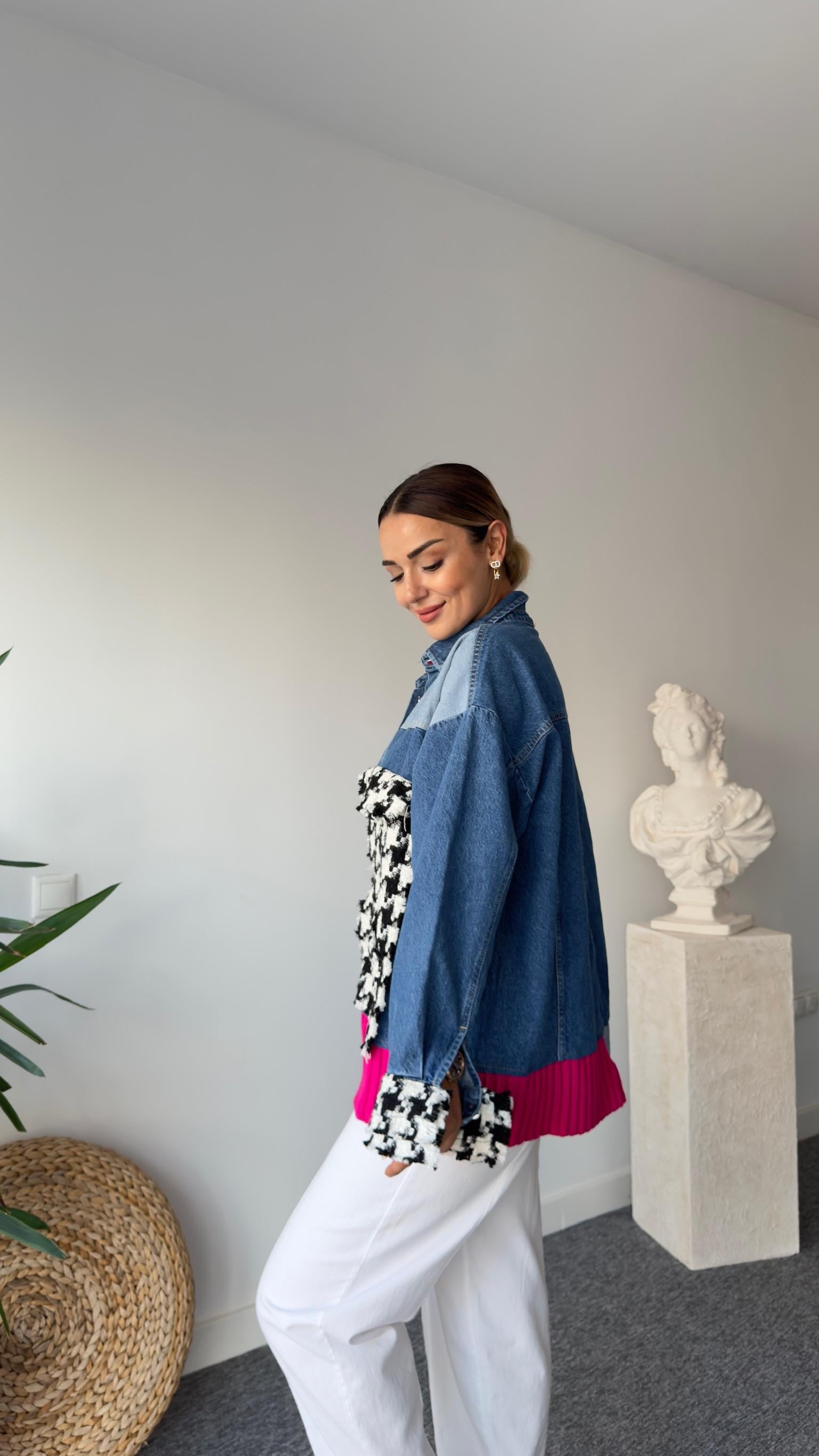 Renkli Triko Detaylı Tasarım Jean Ceket