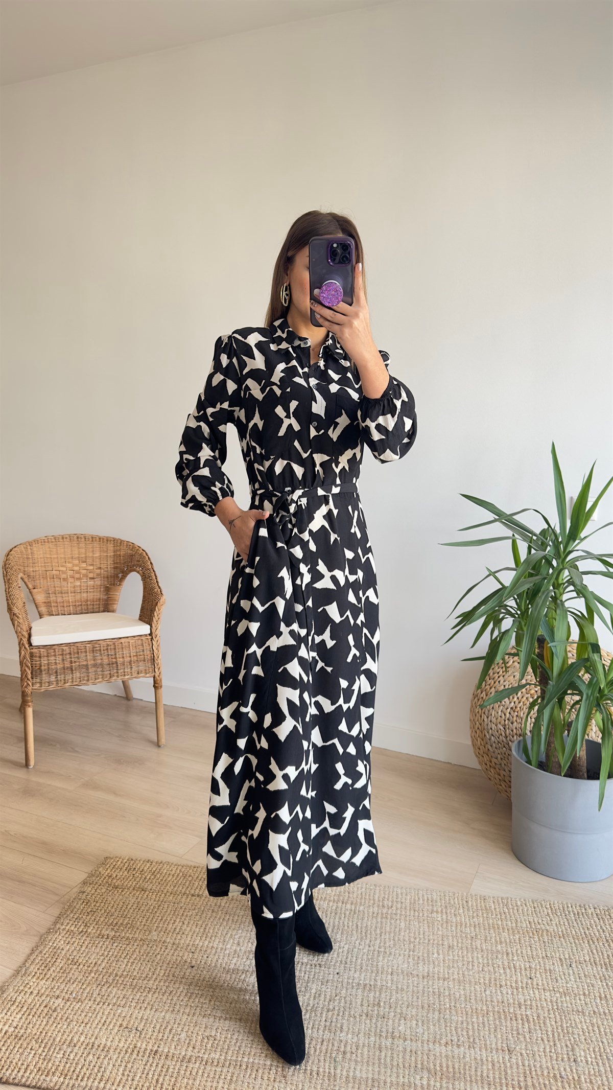 Geometrik Desen Cepli Maxi Elbise 