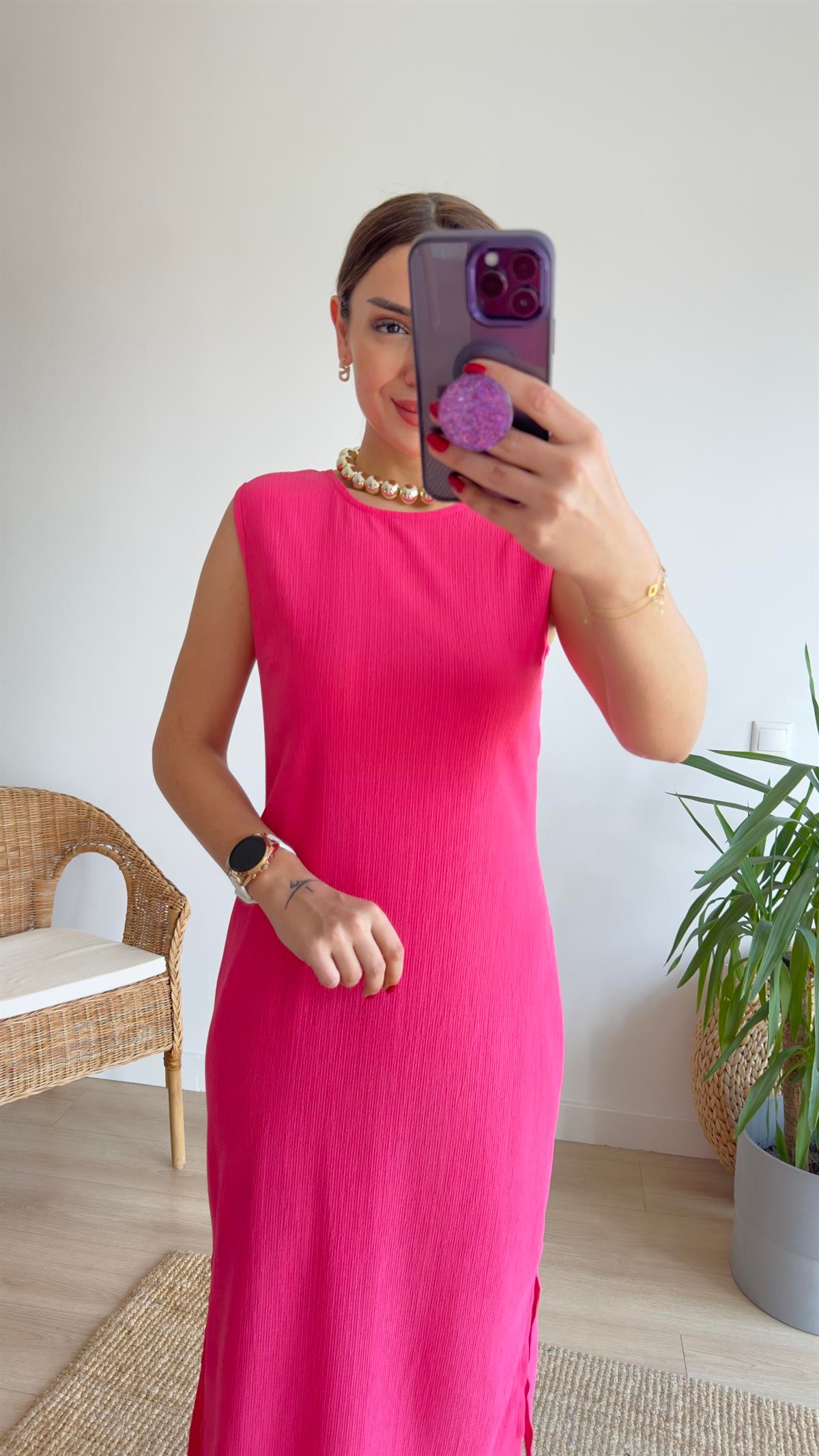 Yırtmaçlı Pembe Basic Elbise