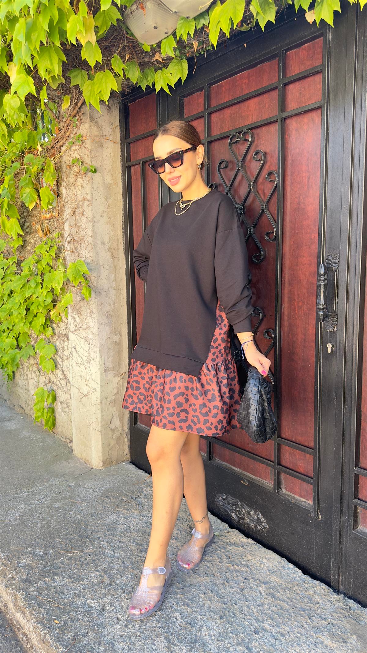 Leopar Detaylı Sweat Elbise