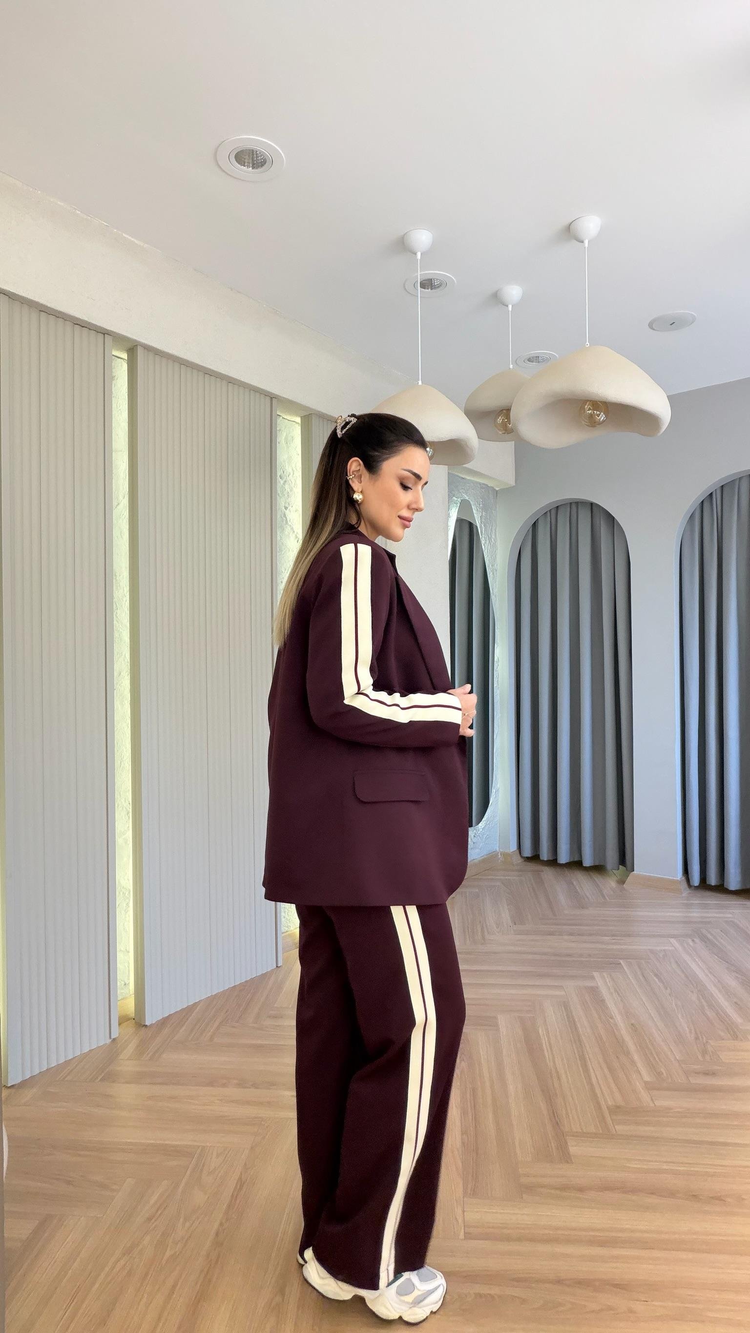 Bordo Materi Şerit Detaylı Ceket Pantolon Takım
