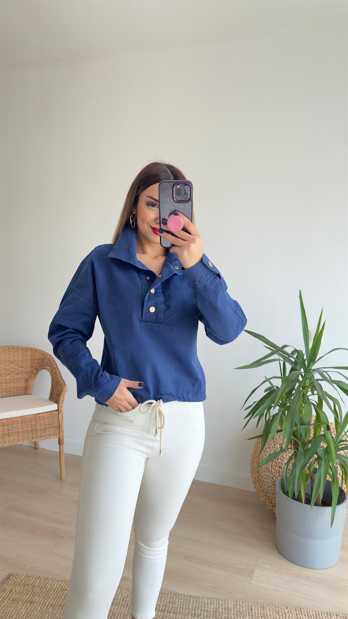 Düğmeli Dik Yaka Kot Sweat