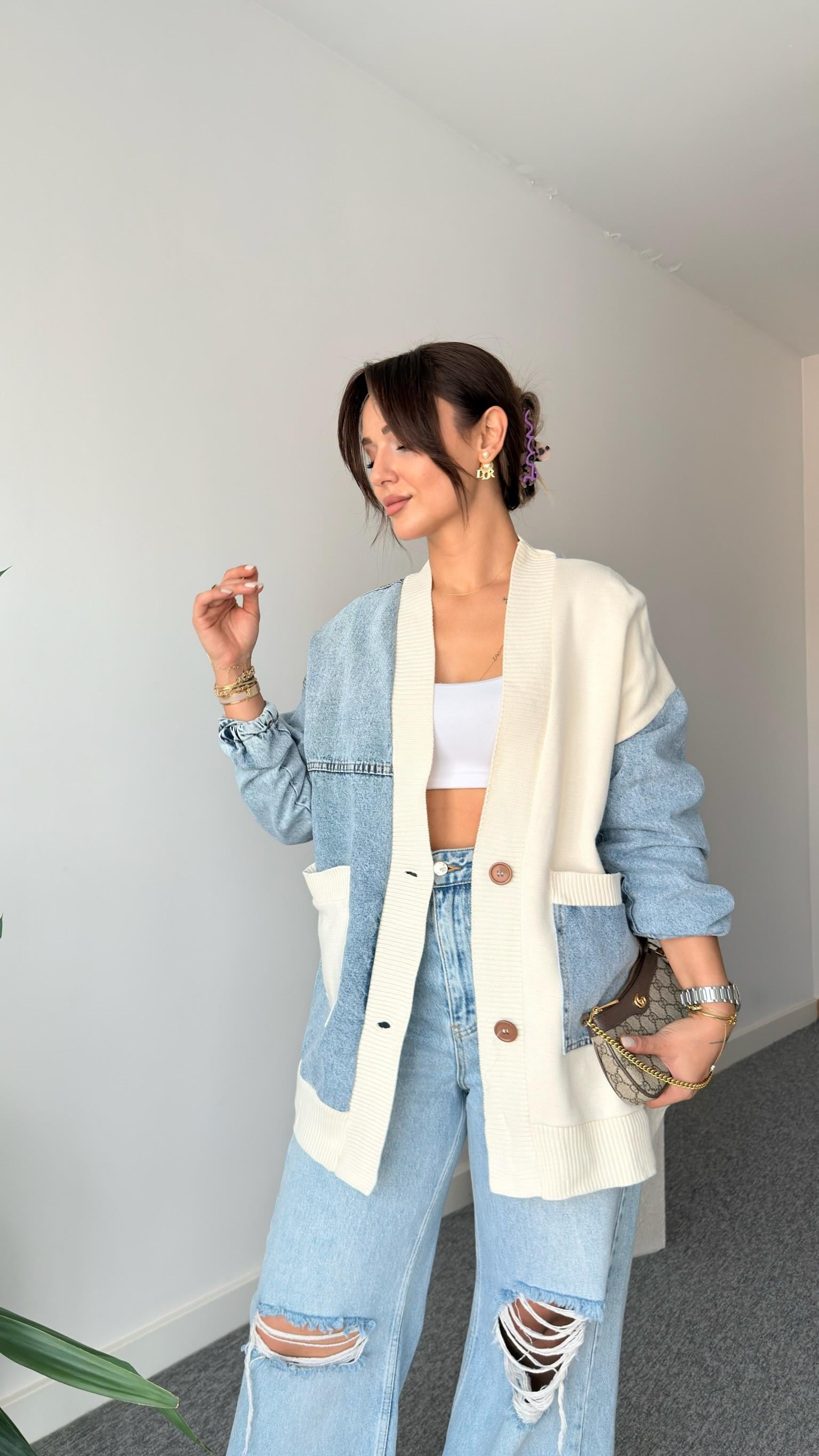 Tia Mavi Kot Detaylı Triko Hırka