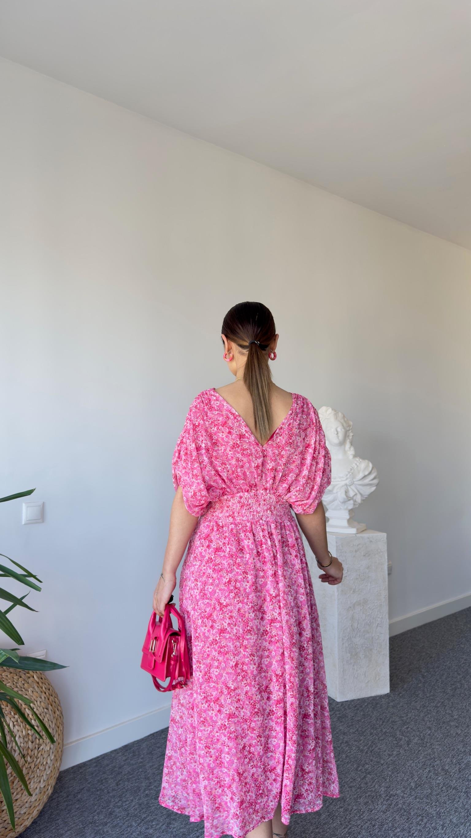 Pembe Çiçek Desen Bel Büzgü Maxi Elbise 