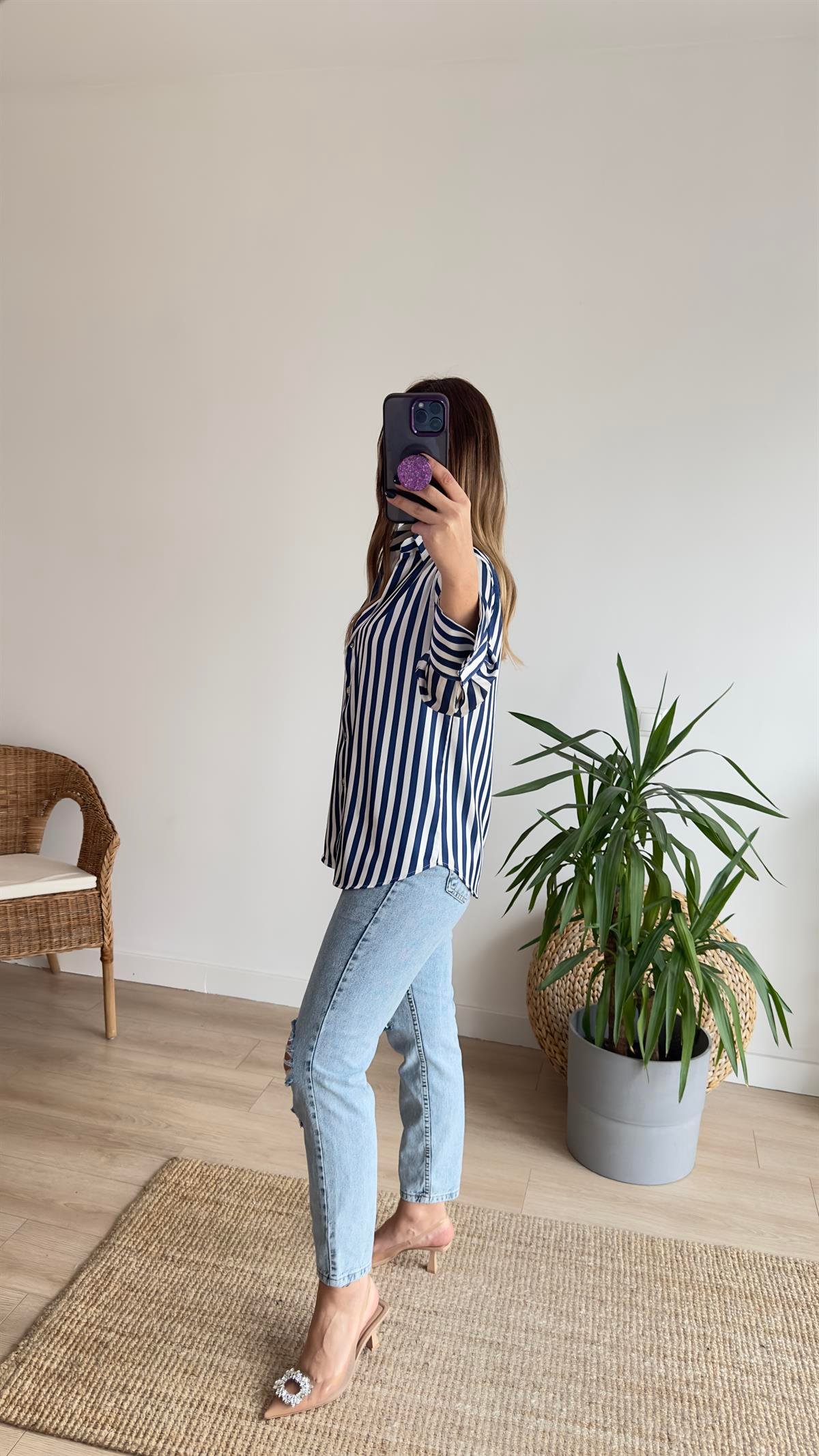 Zra Model Lacivert Çizgili Gömlek 