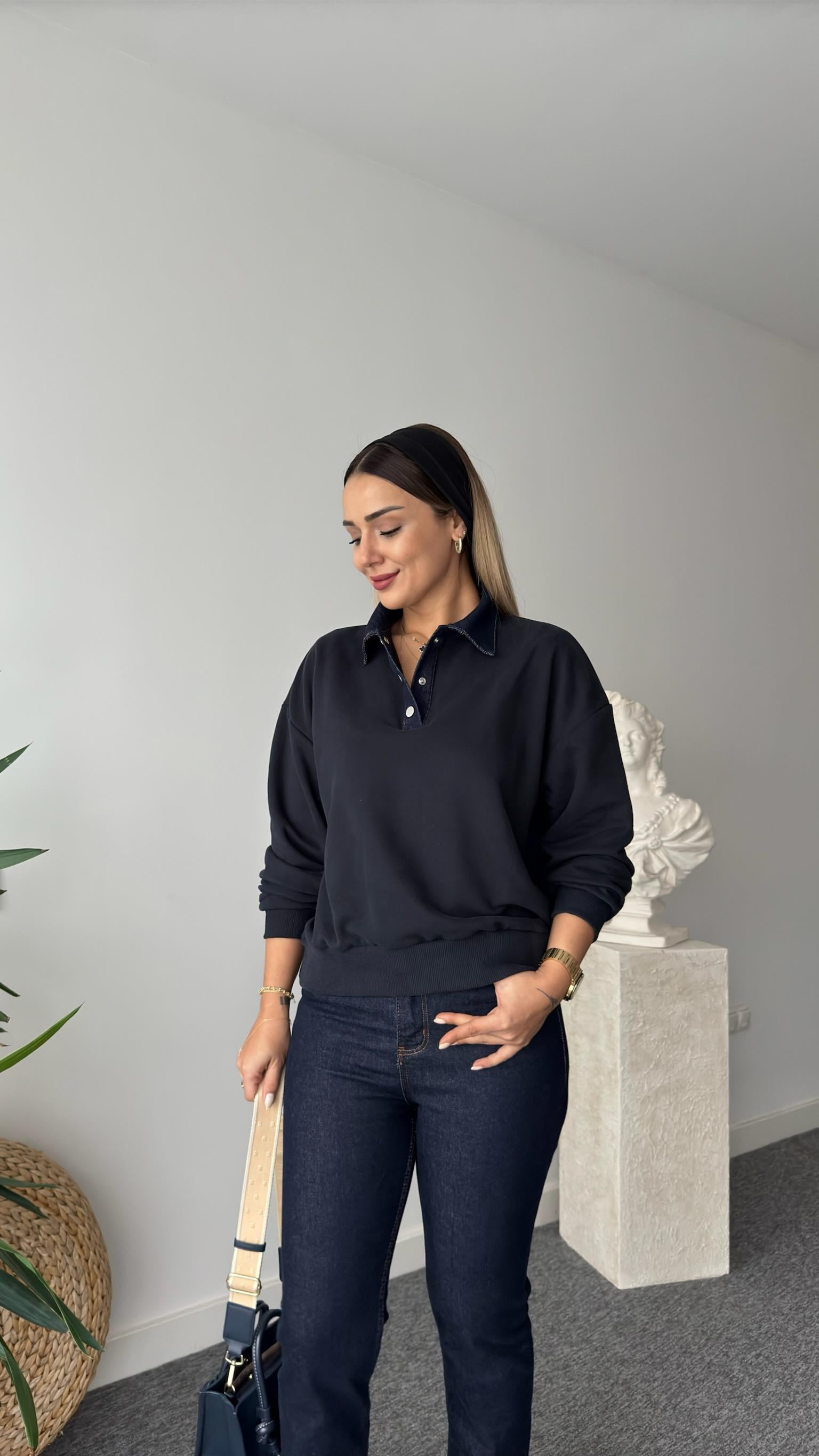 Denim Yaka Lacivert Sweatshirt