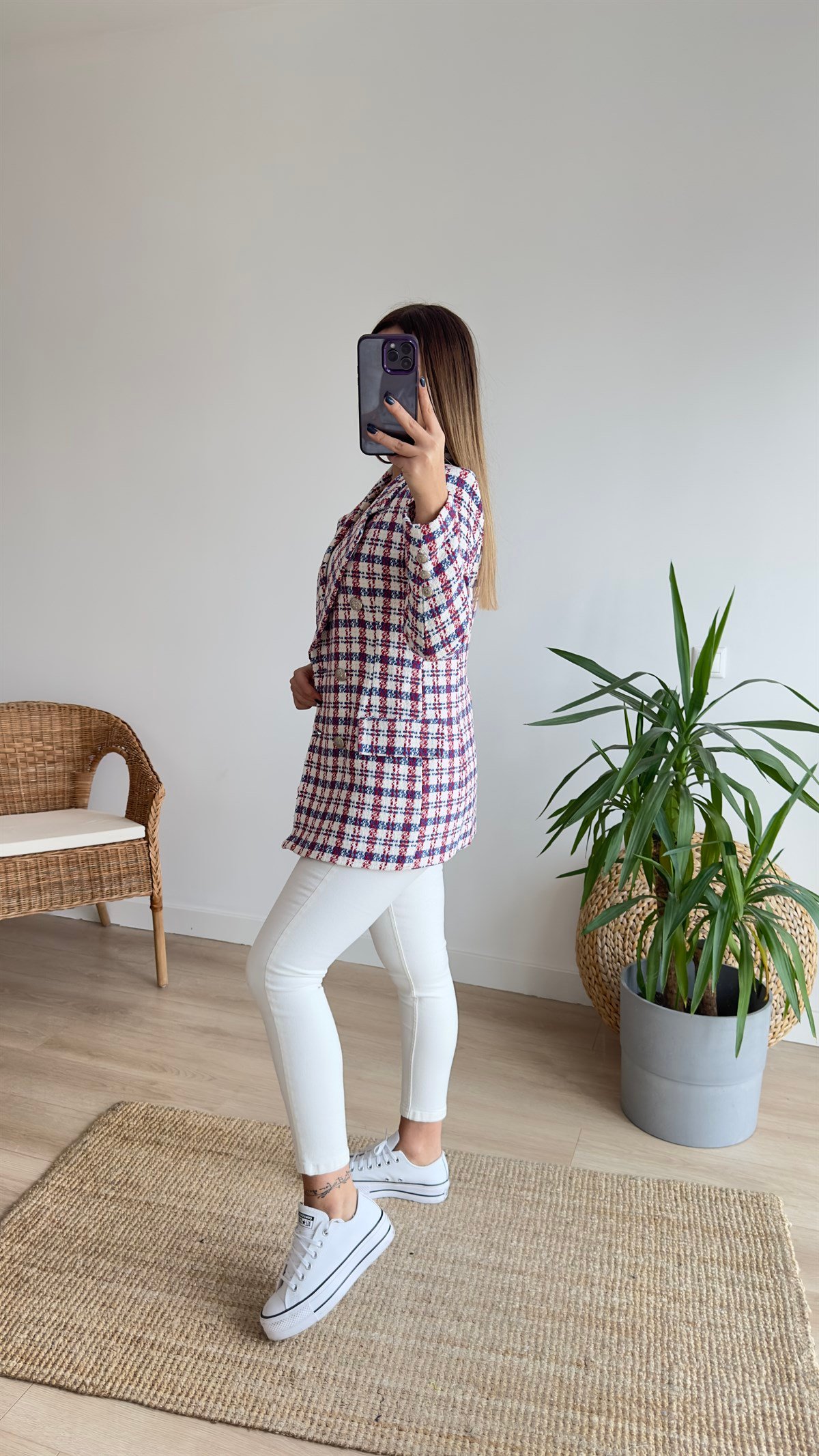 Kırmızı Mavi Ekoseli Blazer Ceket 