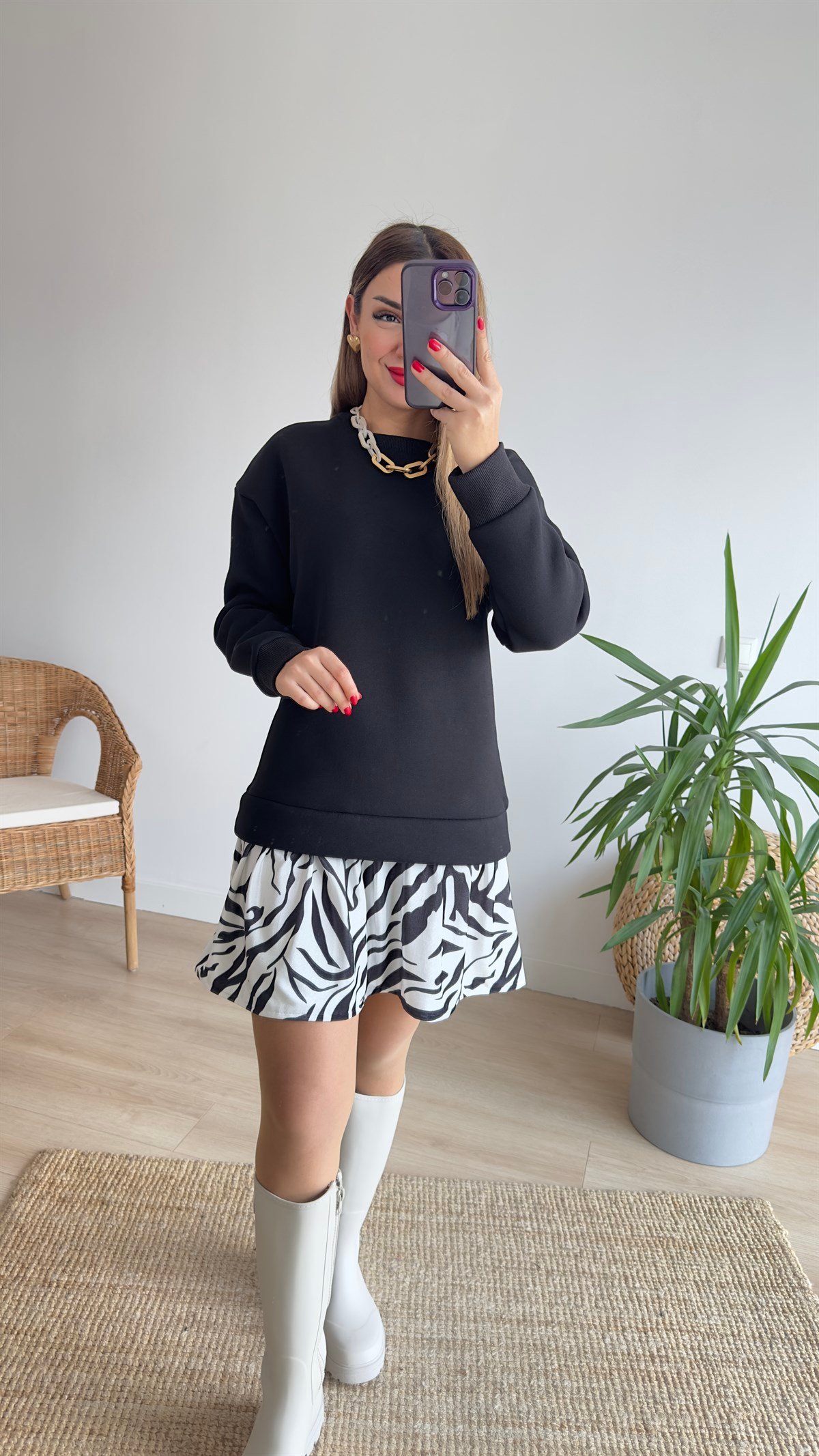 Etek Ucu Zebra Desen Siyah Elbise 