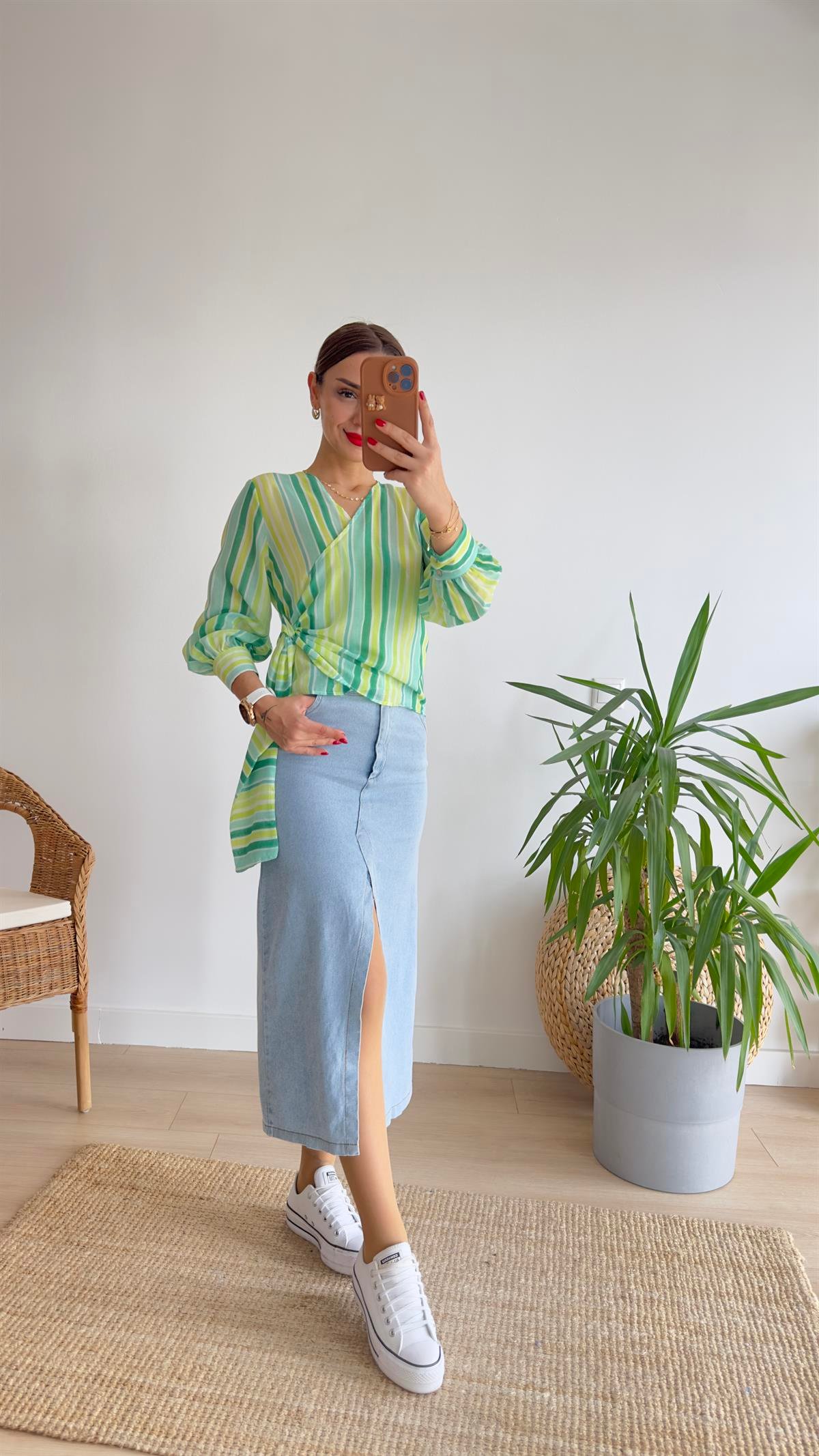 Yeşil Şeritli Kruvaze Bluz