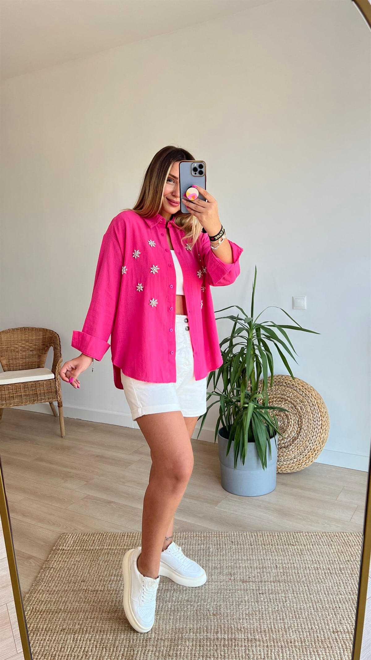Taş İşleme Detaylı Pembe Keten Gömlek