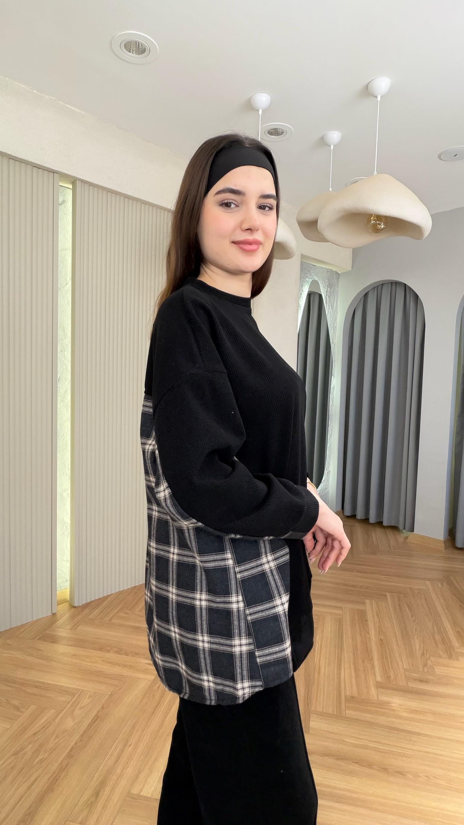 Siyah Lapel Ekose Garnili Selanik Takım