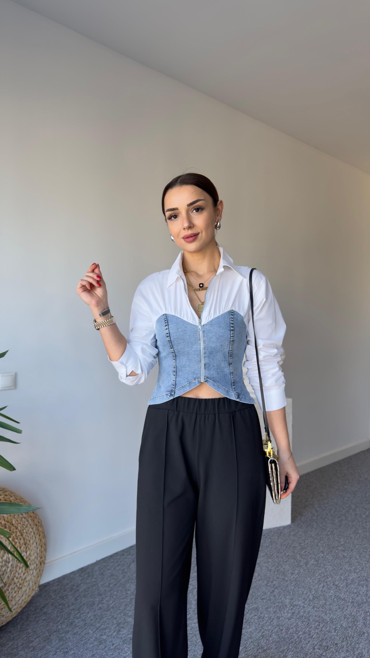 Granj Fermuarlı Kot Detay Beyaz Gömlek