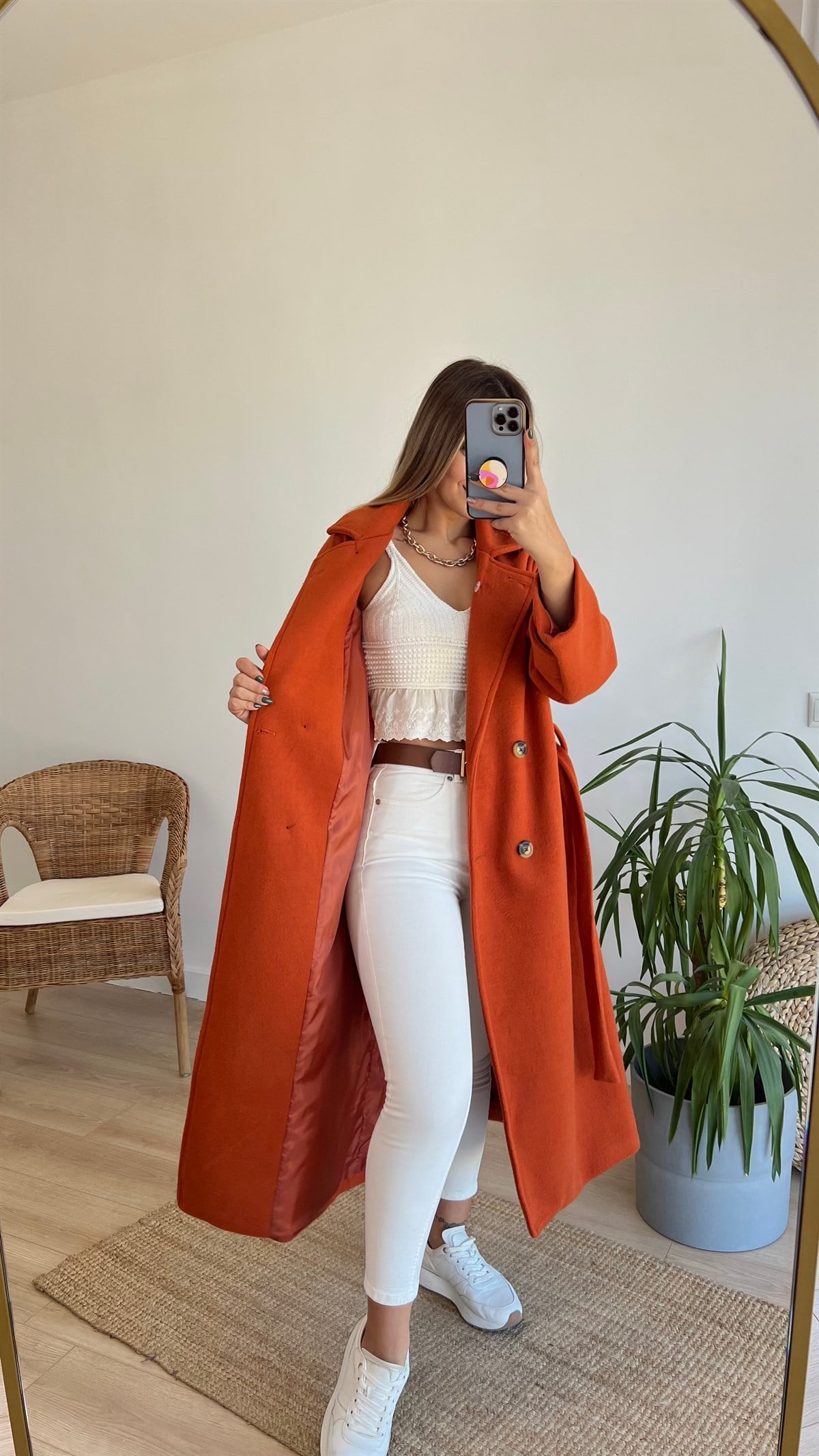 Kuşak Detaylı Astarlı Kiremit Kaban