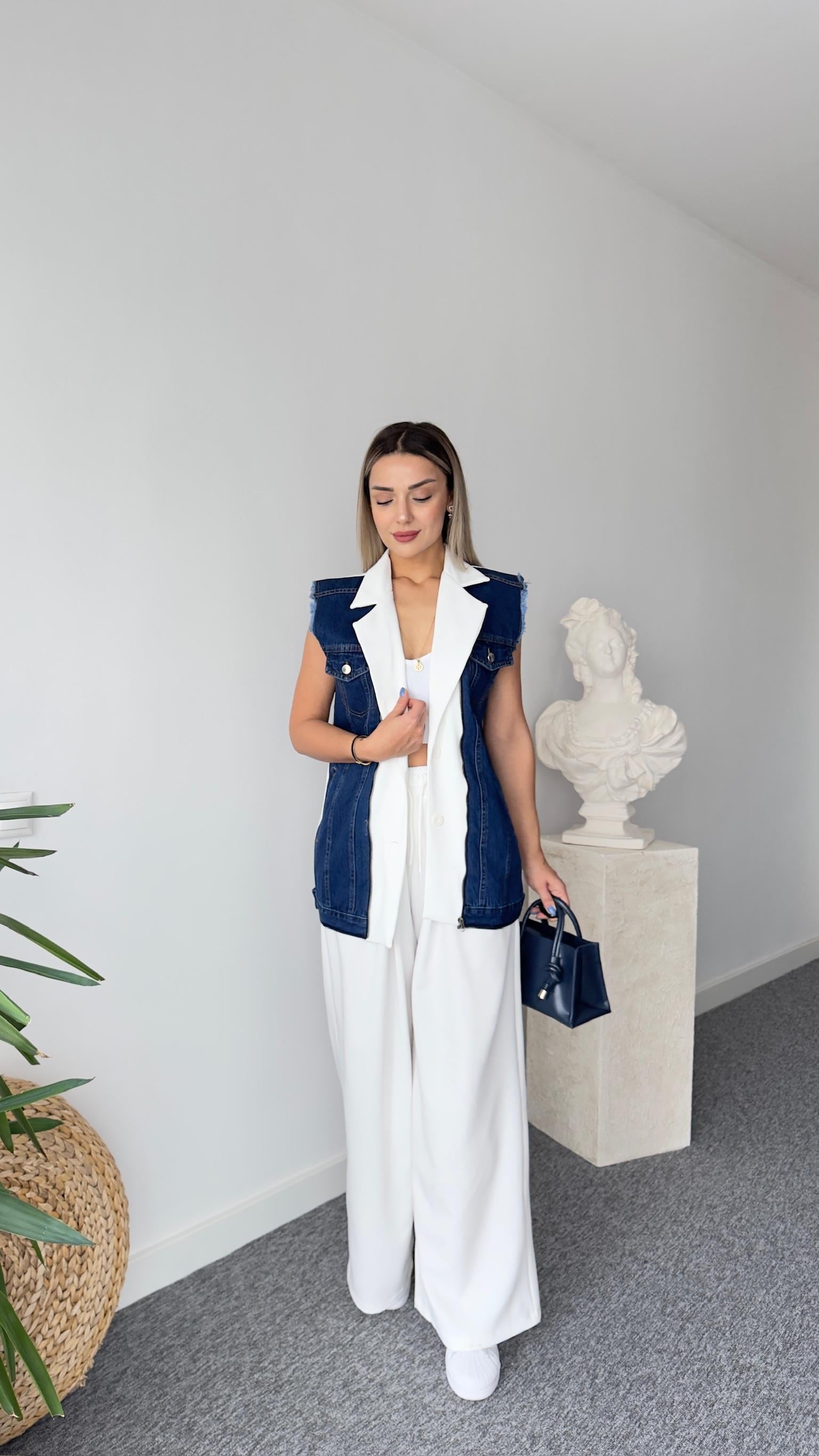 Beyaz Noctur Tasarım Jean Yelekli Takım