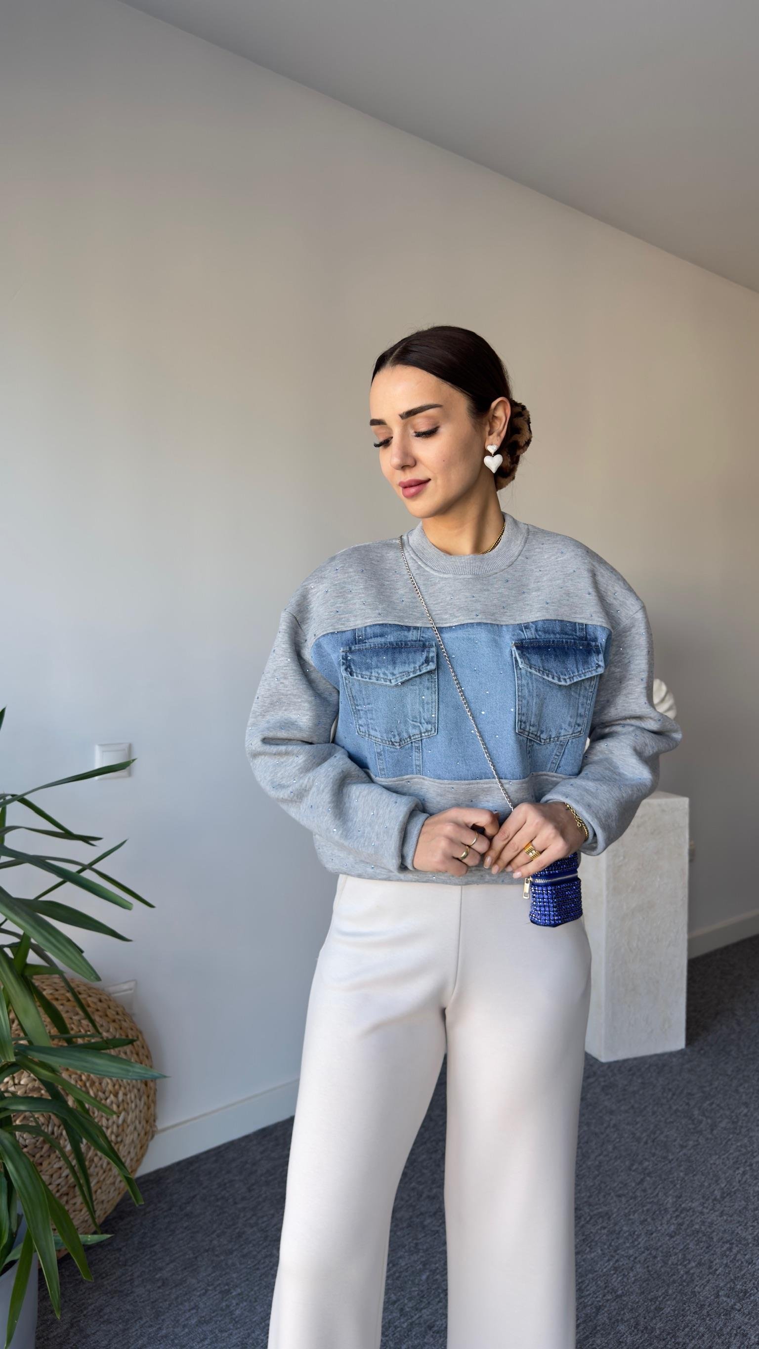 Kais Kot Garnili Taşlı Gri Sweatshirt