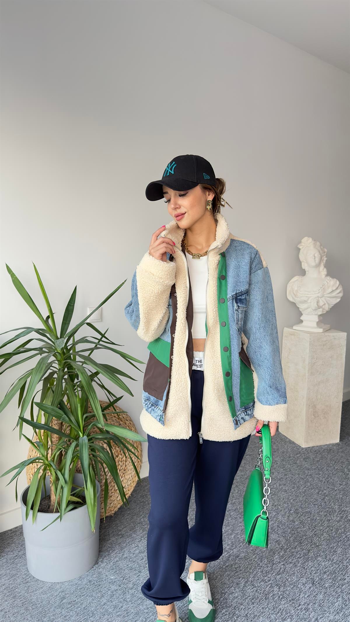 Denim Mix Yeşil Detay Peluş Mont