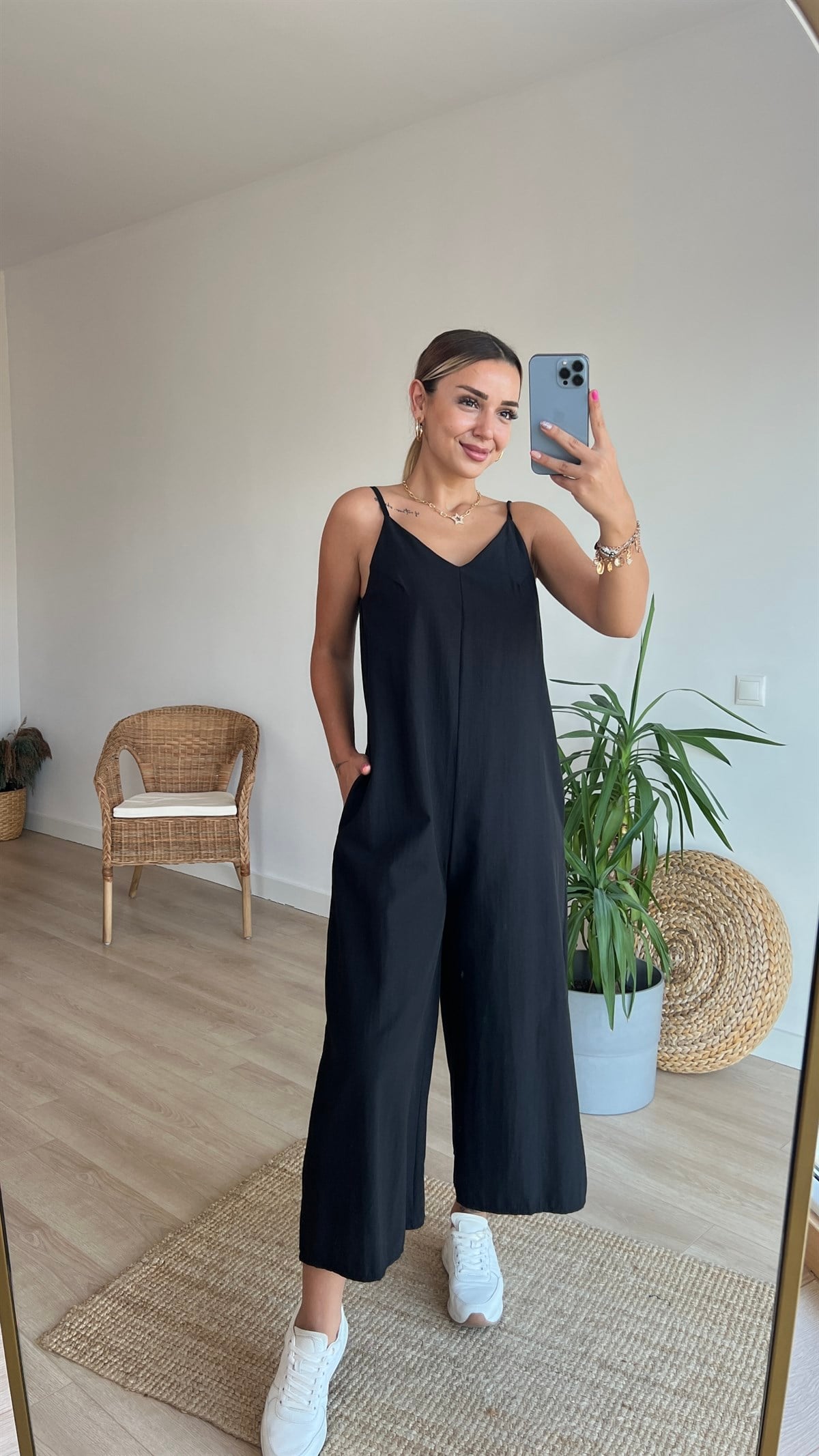 Askılı Siyah Poplin Tulum