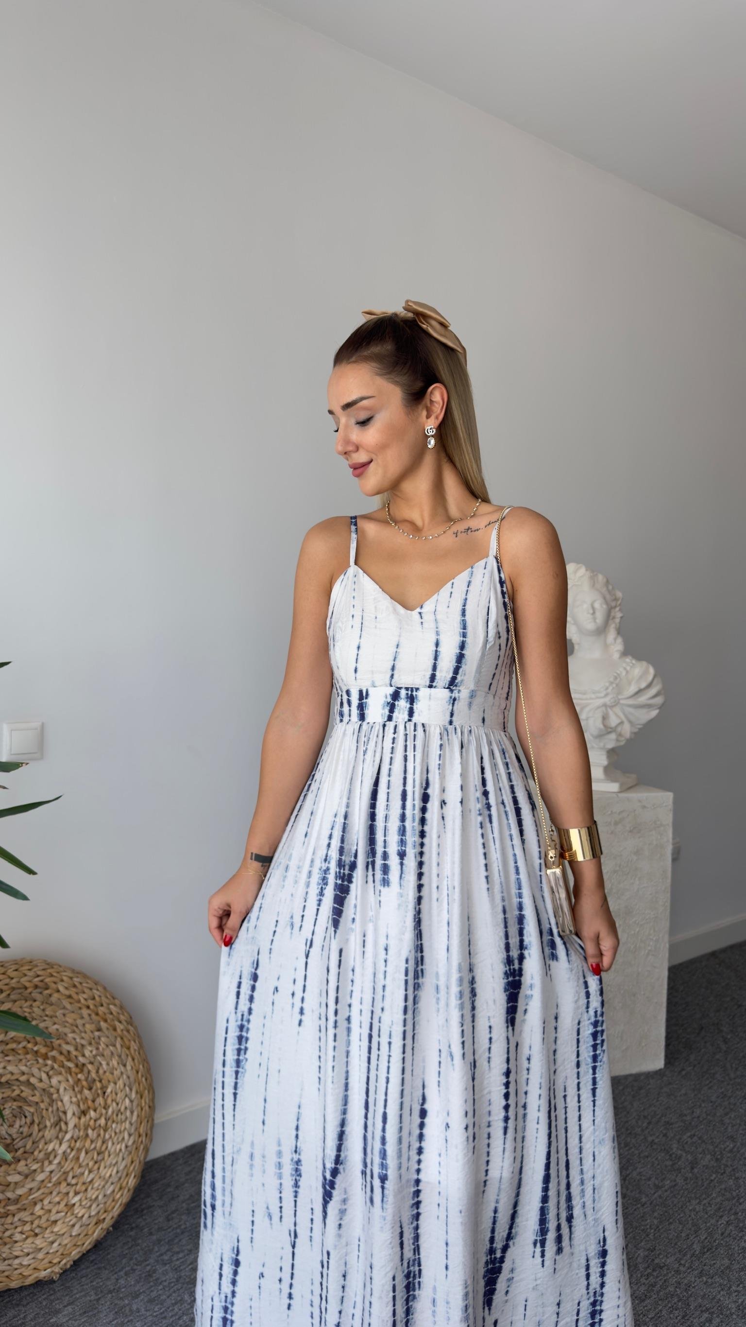 Mngo Model Mavi Desenli Askılı Elbise 