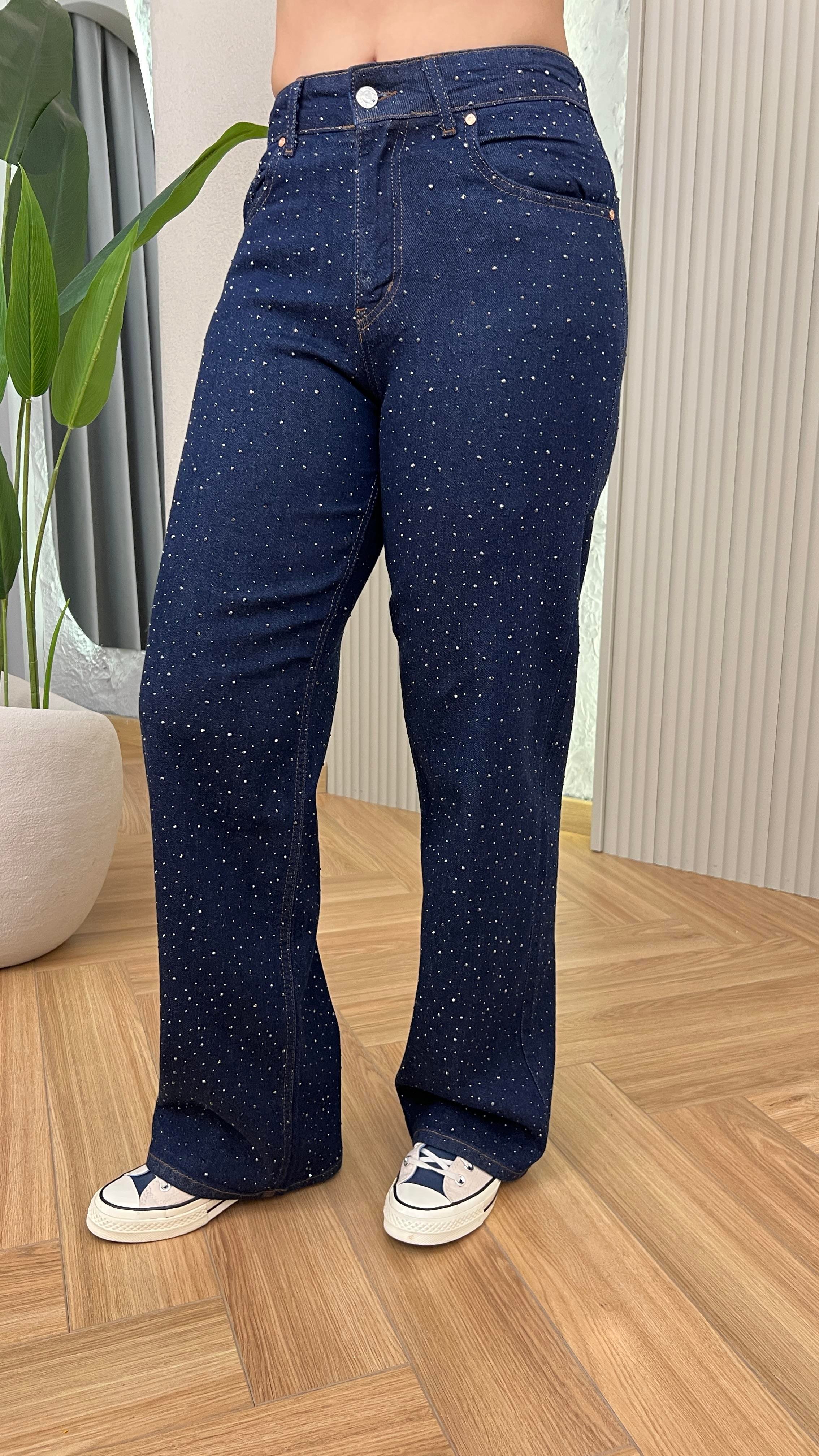 Lacivert Taş Detaylı Straight Likralı Jean