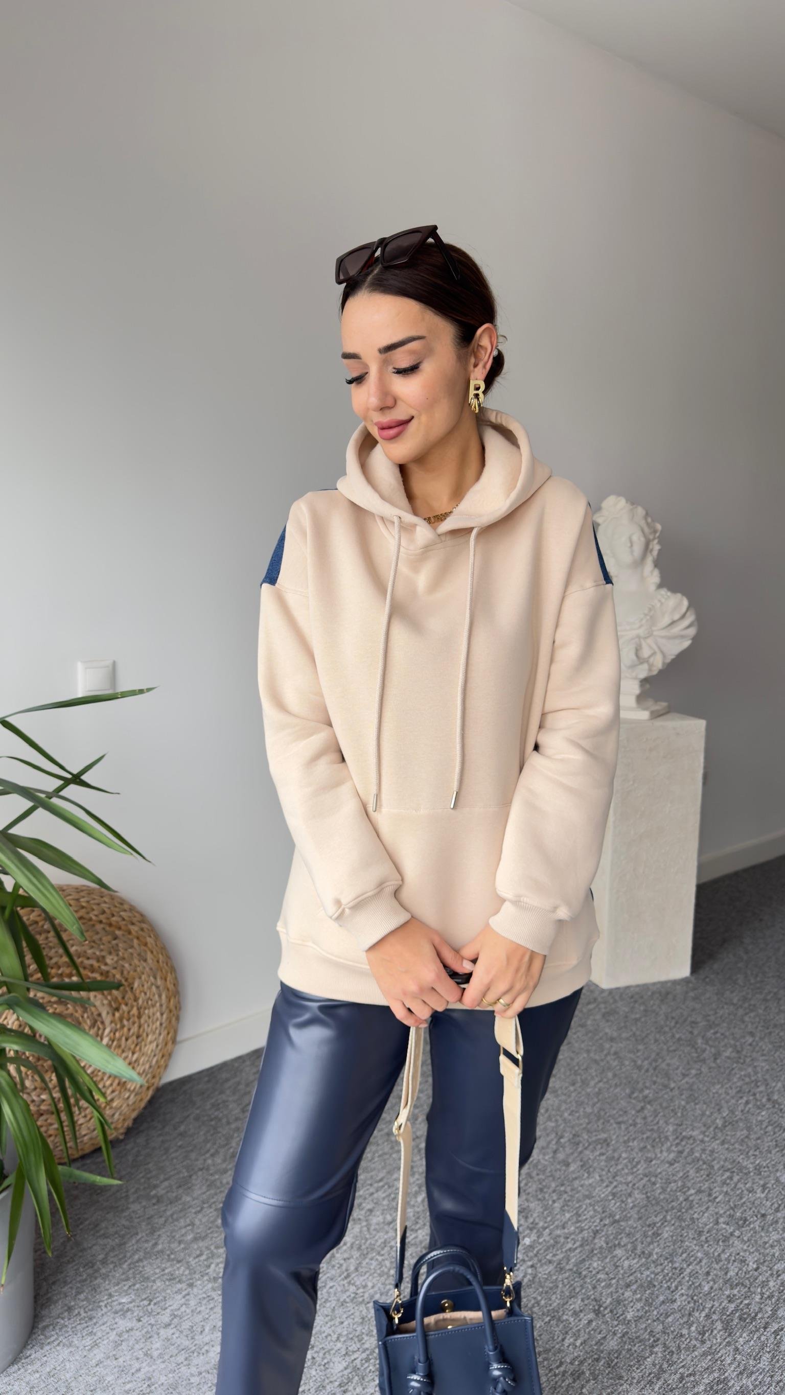 Sırt Kot Detaylı Kapüşonlu Bej Sweat