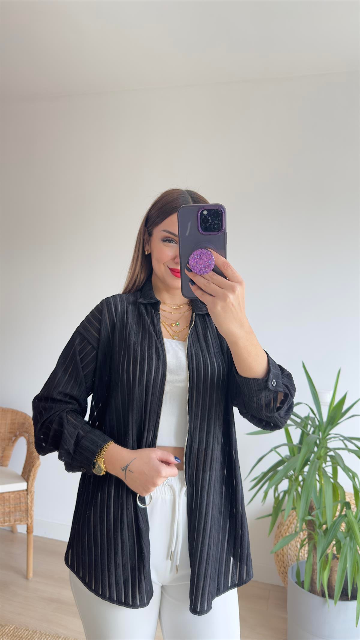 Fermuarlı Şerit Detay Siyah Ceket