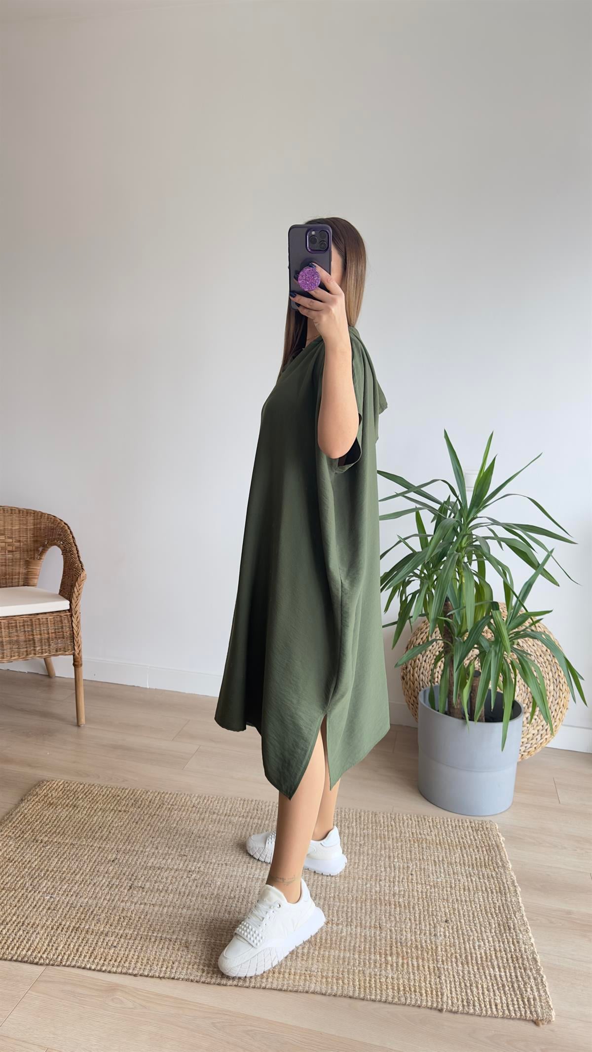 Oversize Haki Kapüşonlu Elbise 