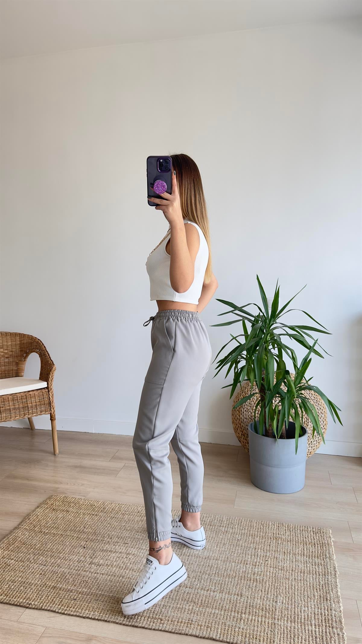 Paça Fermuarlı Gri Pantolon