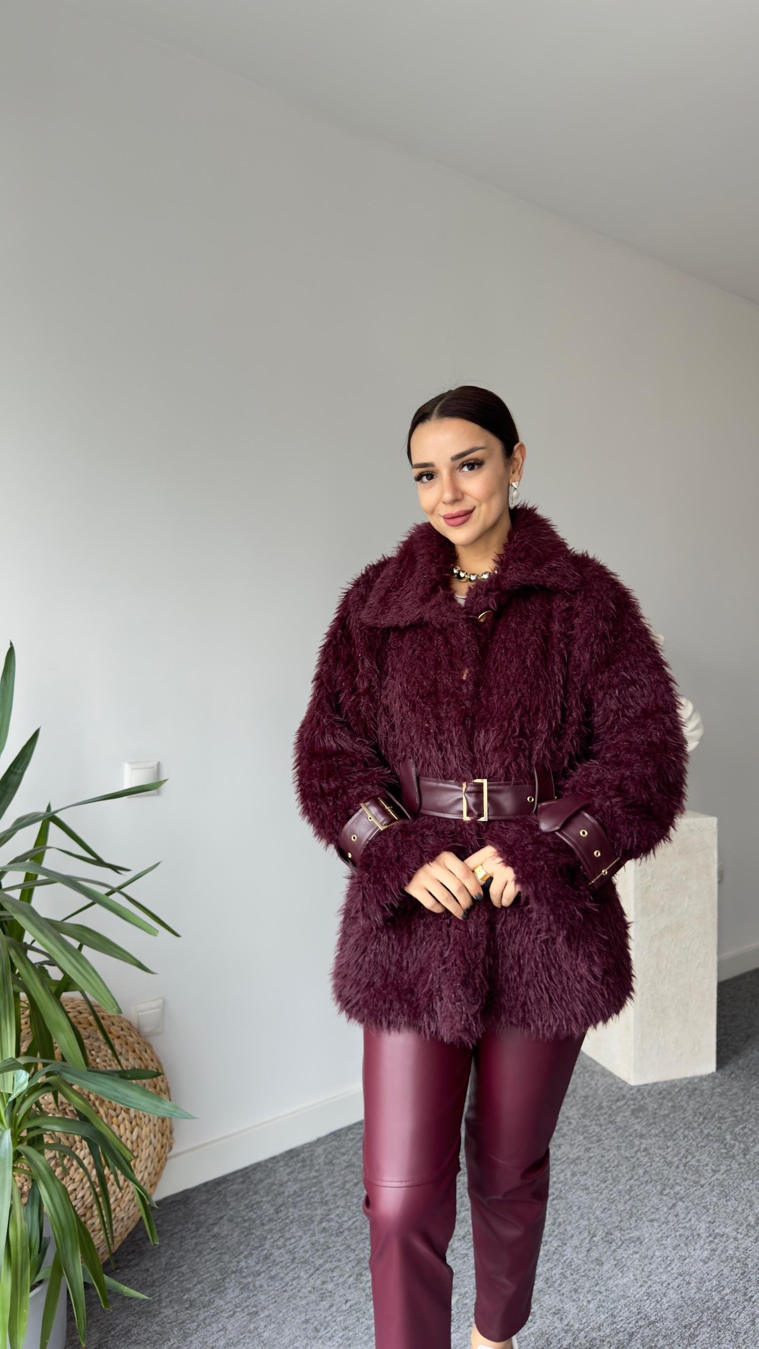 Premıum Deri Detaylı Bordo Peluş Mont (Ön Sipariş Ürünü)