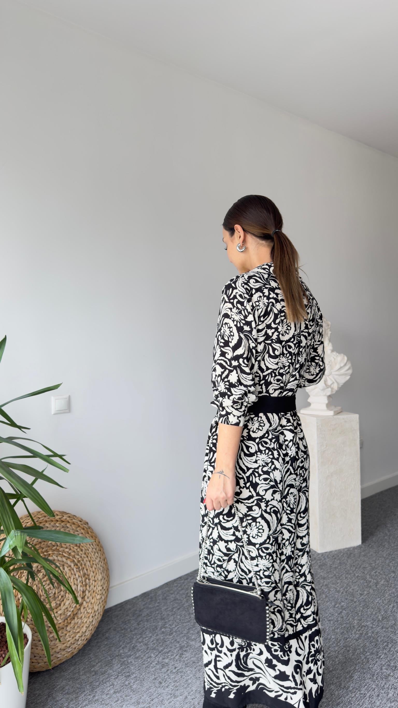 Kemerli Etnik Desen Maxi Crep Elbise