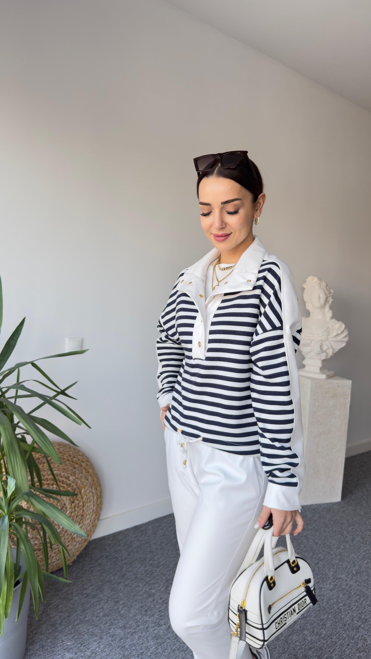 Deri Garnili Çizgili Sweatshirt
