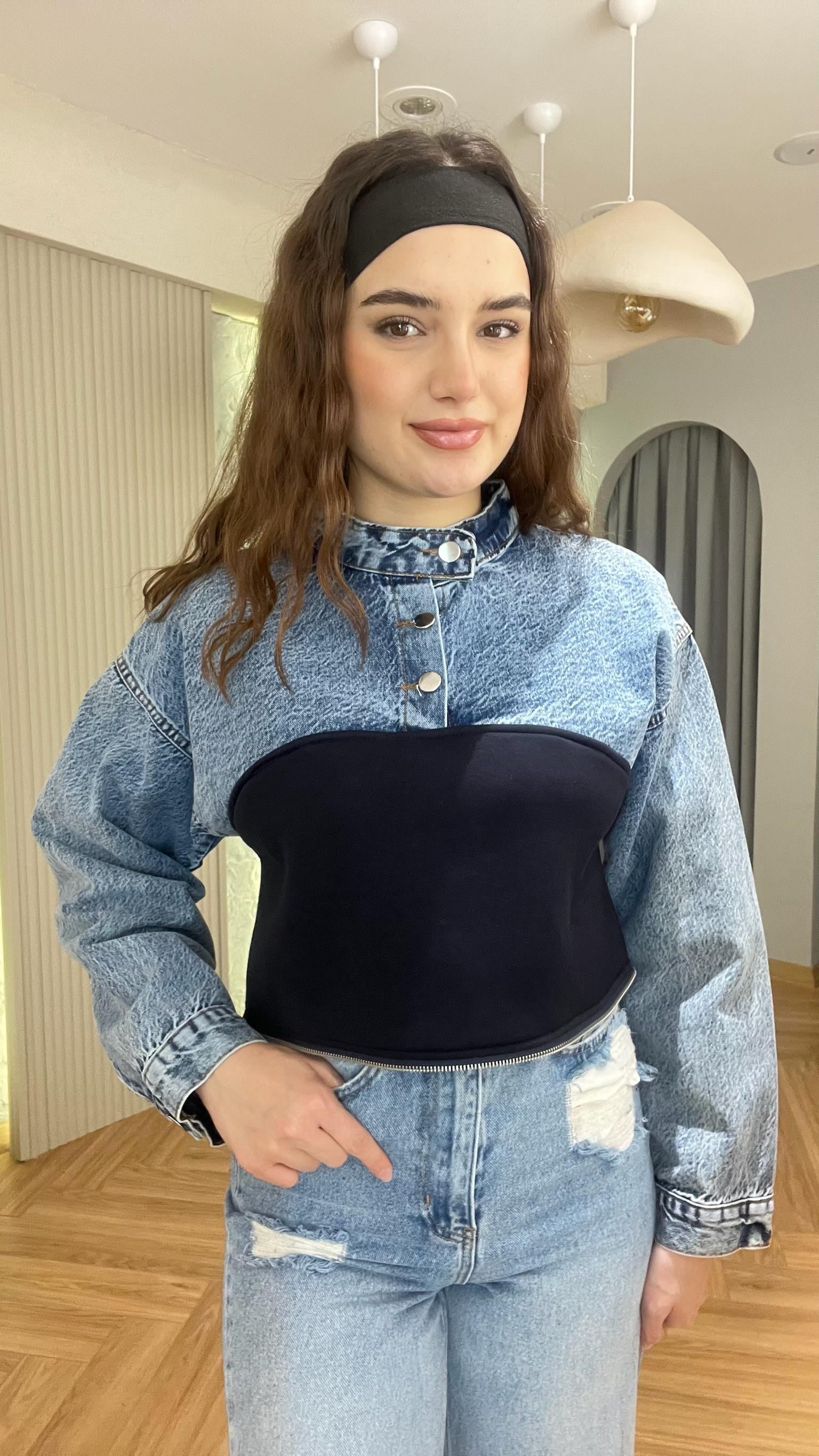 Mavi Kot Garnili Fermuarlı Sweat