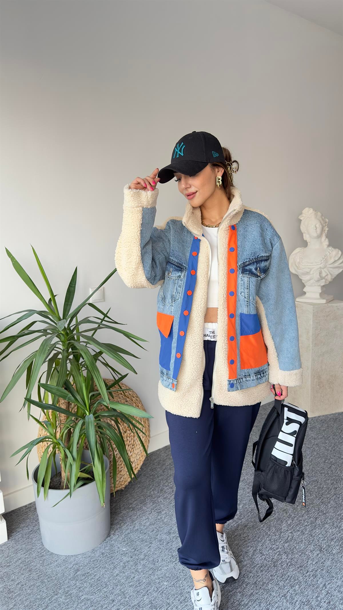 Denim Mix Turuncu Detay Peluş Mont