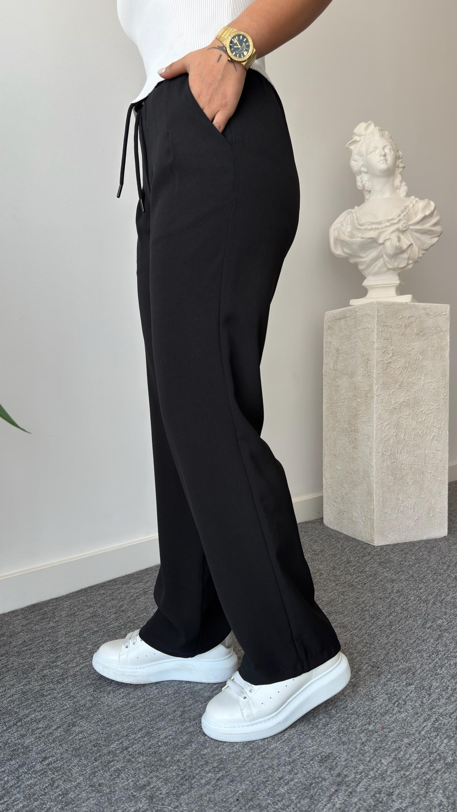 Siyah Fleto Cep Geniş Paça Pantolon