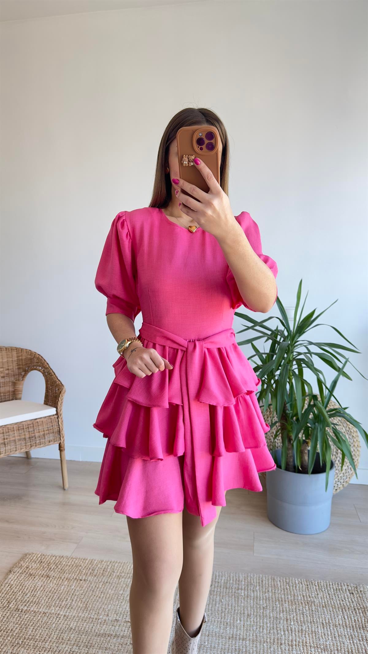 Pembe Katlı Balon Kol Elbise