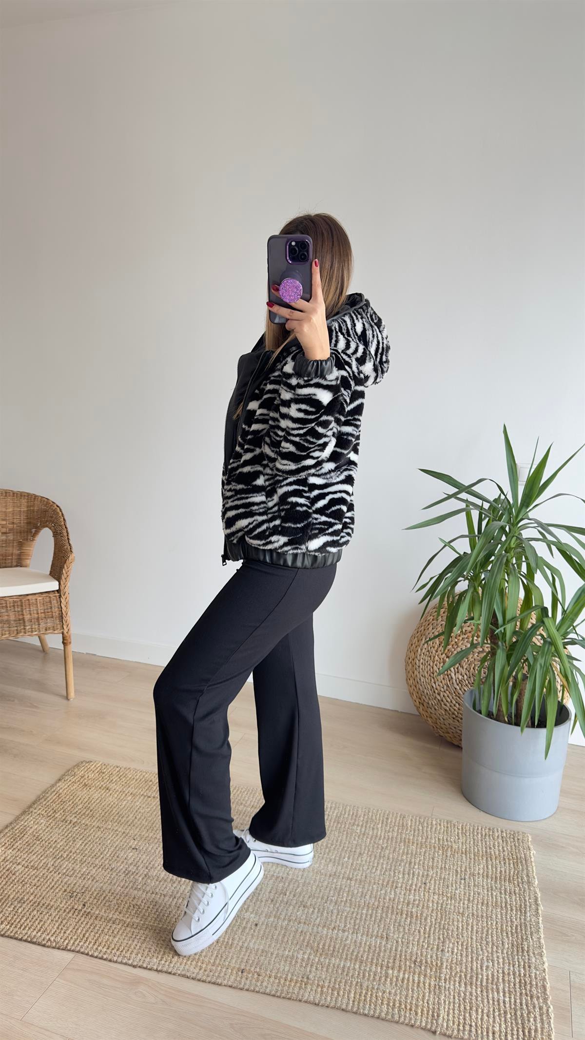 Deri Garnili Zebra Desen Peluş Mont