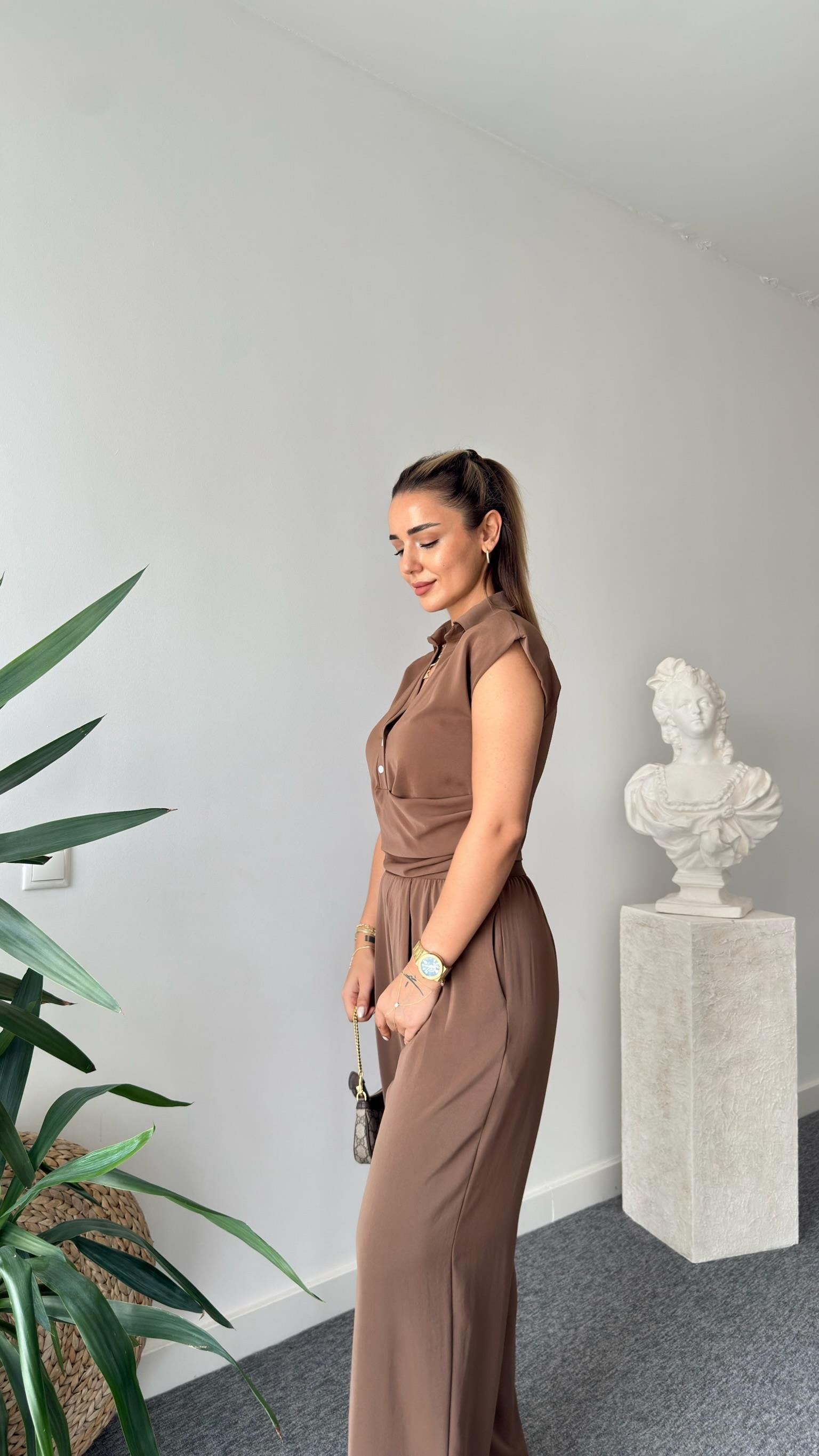 Kahve Fredi Yan Fermuarlı Bluz