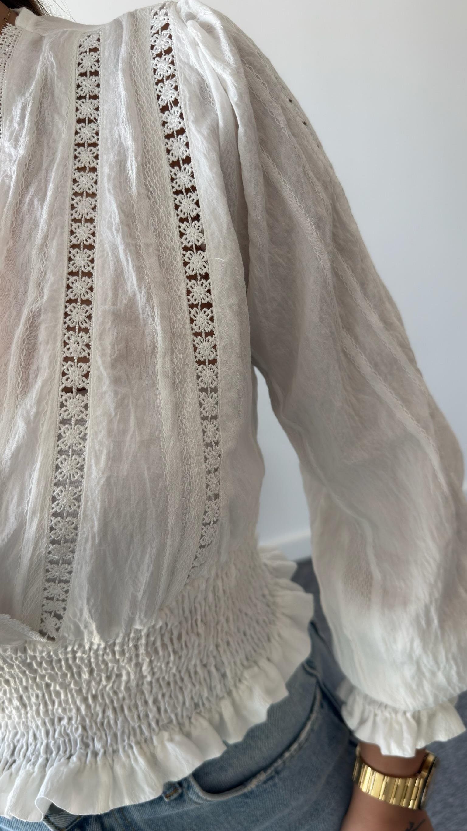 Sier Dantel Detaylı Gipeli Bluz