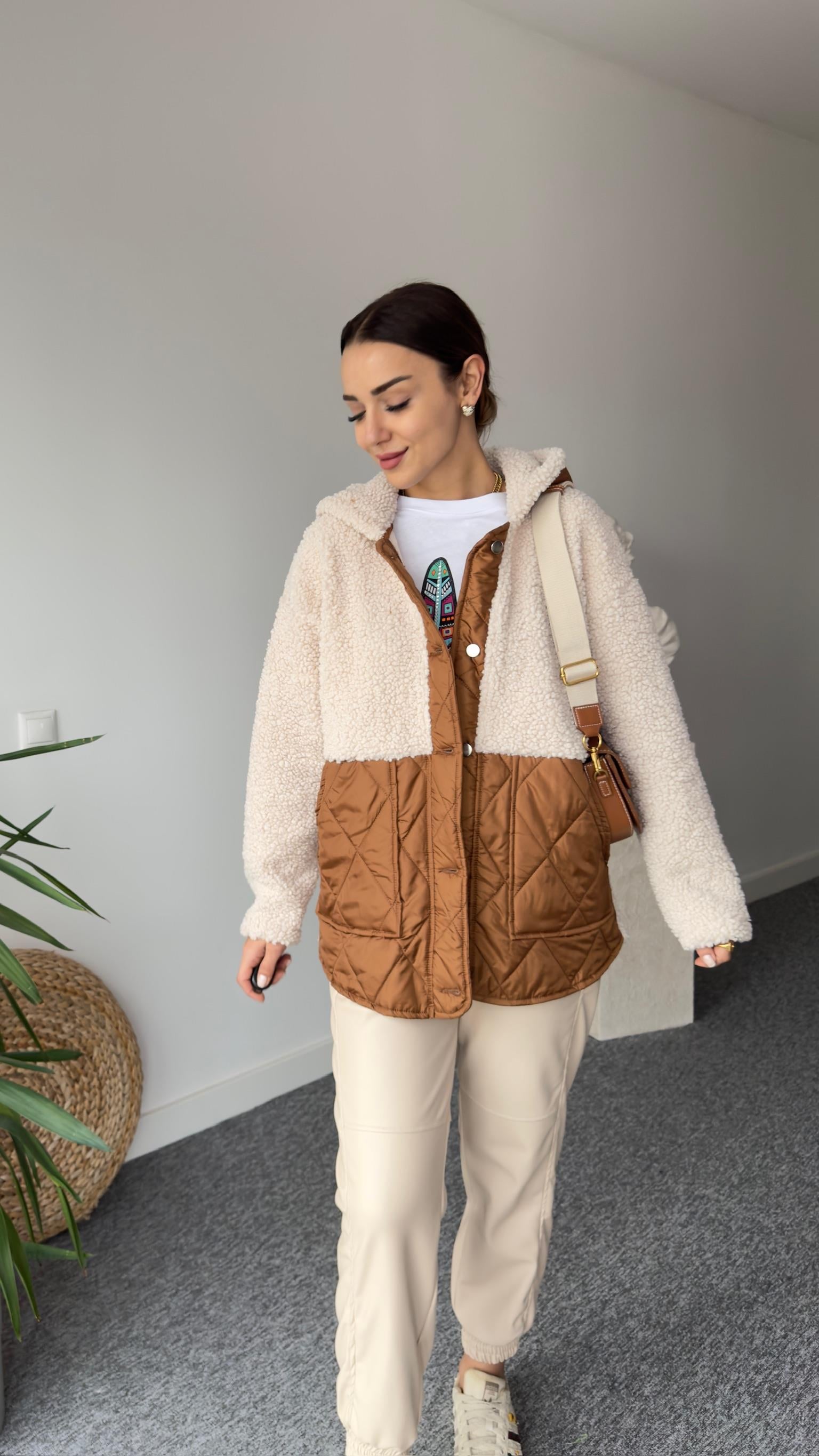 Kahve Kapitone Detaylı Ekru Teddy Ceket