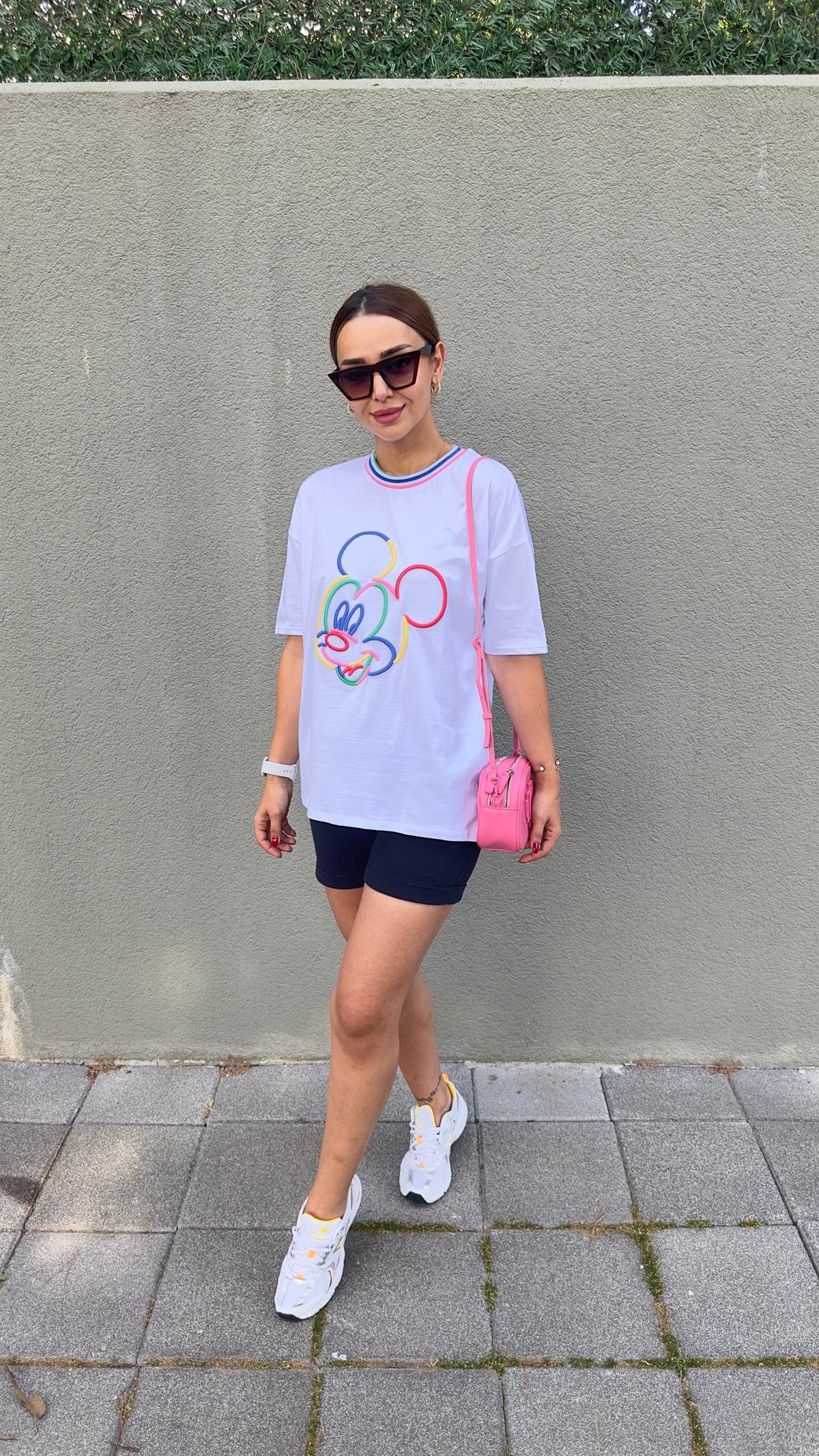 Mickey İşlemeli Beyaz Tshirt