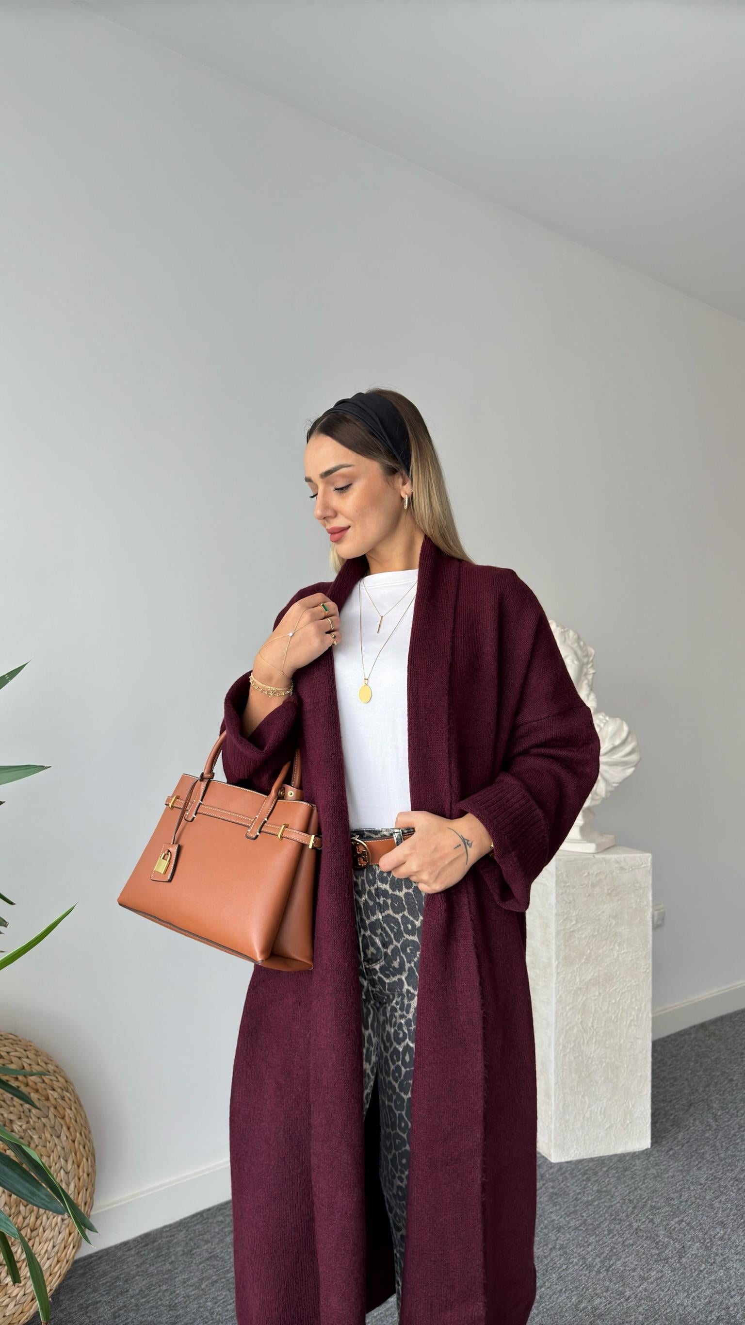 Şal Yaka Uzun Bordo Hırka
