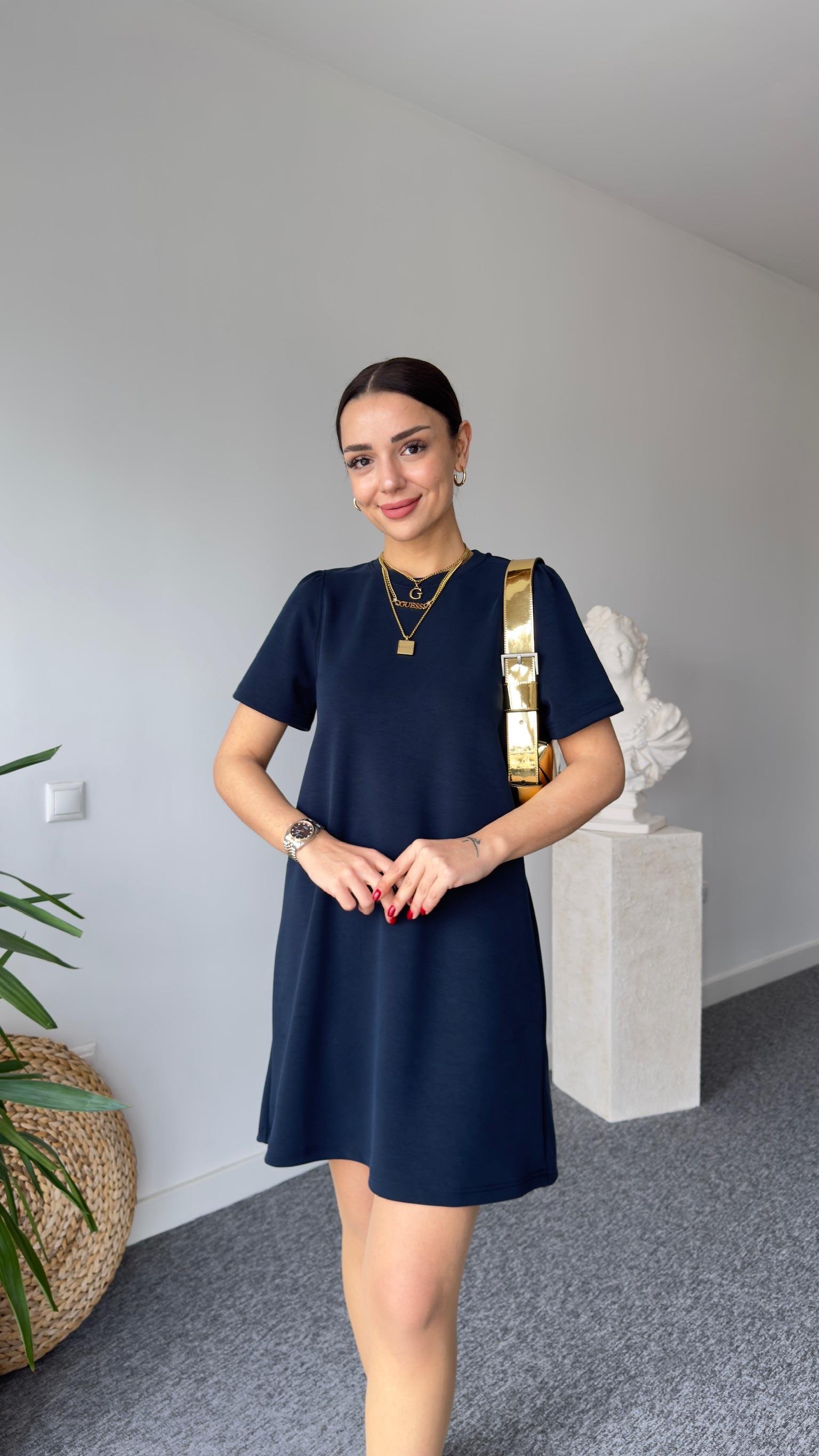 Kollar Volanlı Lacivert Modal Elbise 