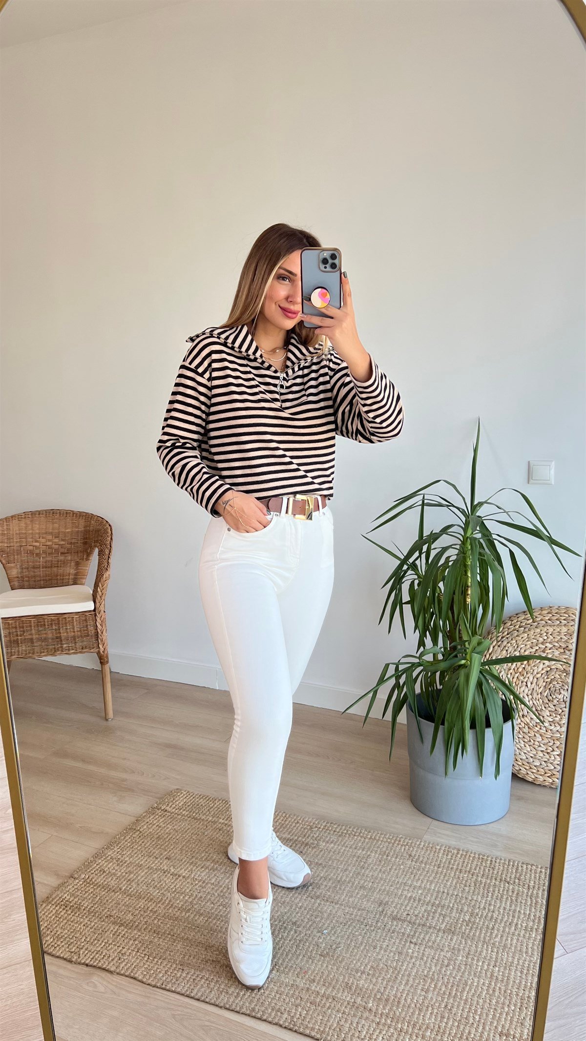 Yarım Fermuarlı Çizgili Triko