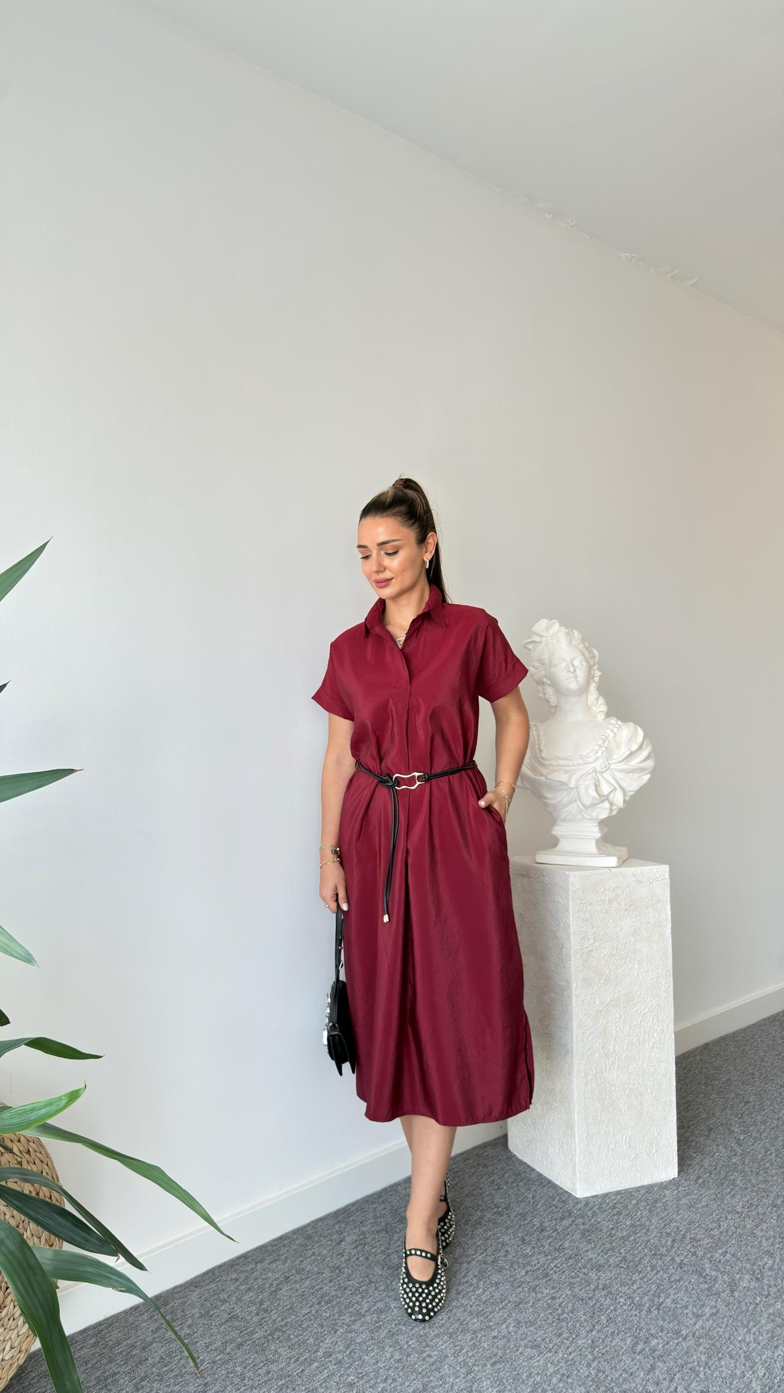 Bordo Menza Kemerli Elbise 