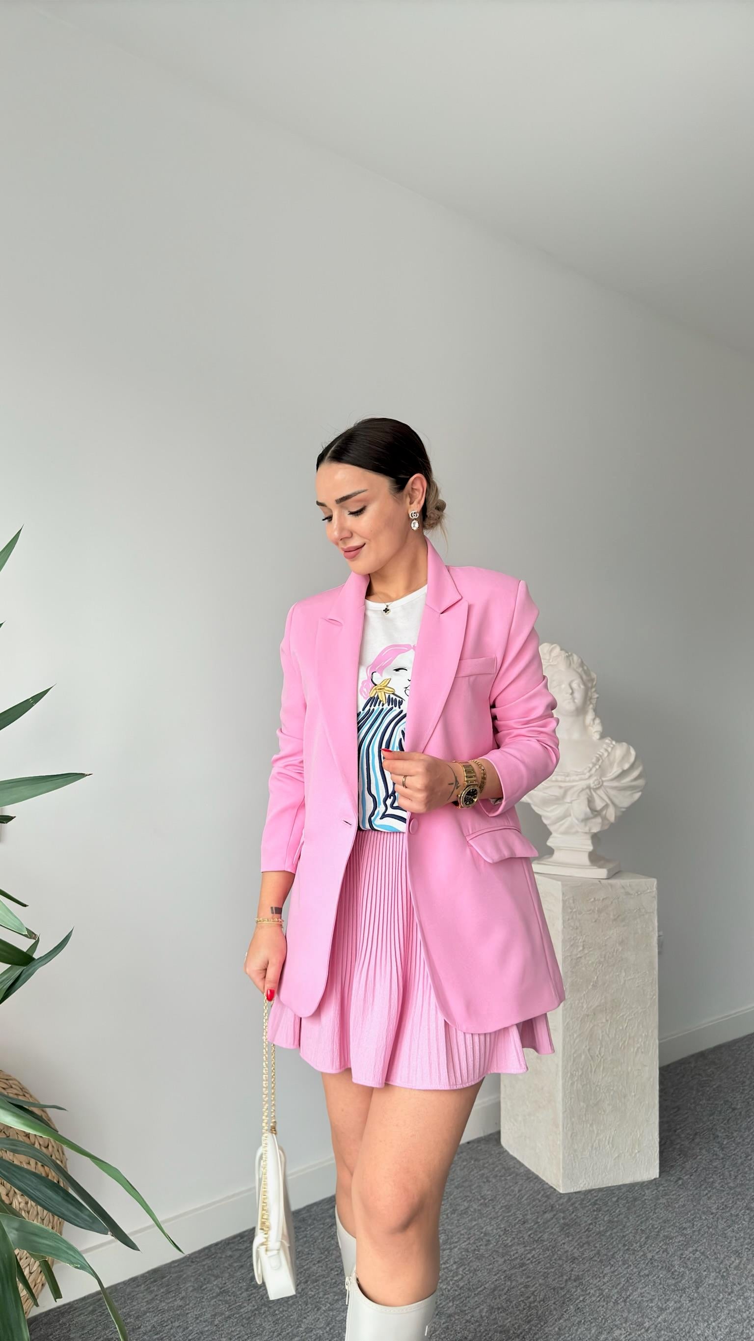 Tek Düğme Pembe Blazer Ceket