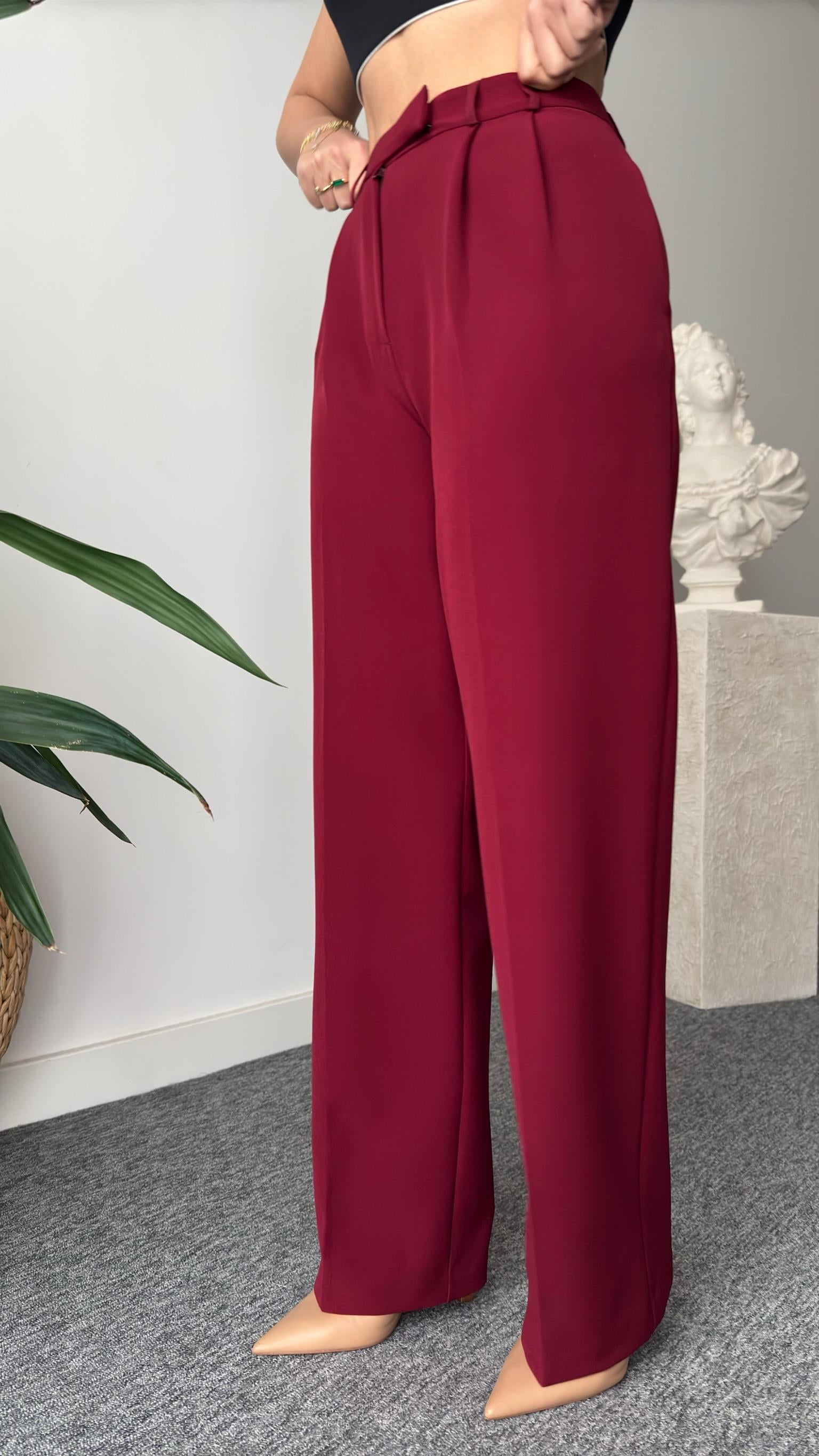 Bordo Fogliw Bel Detaylı Pantolon