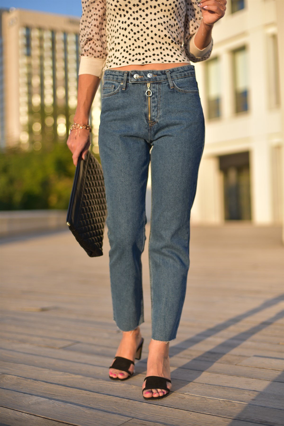 Fermuarlı Mom Jean