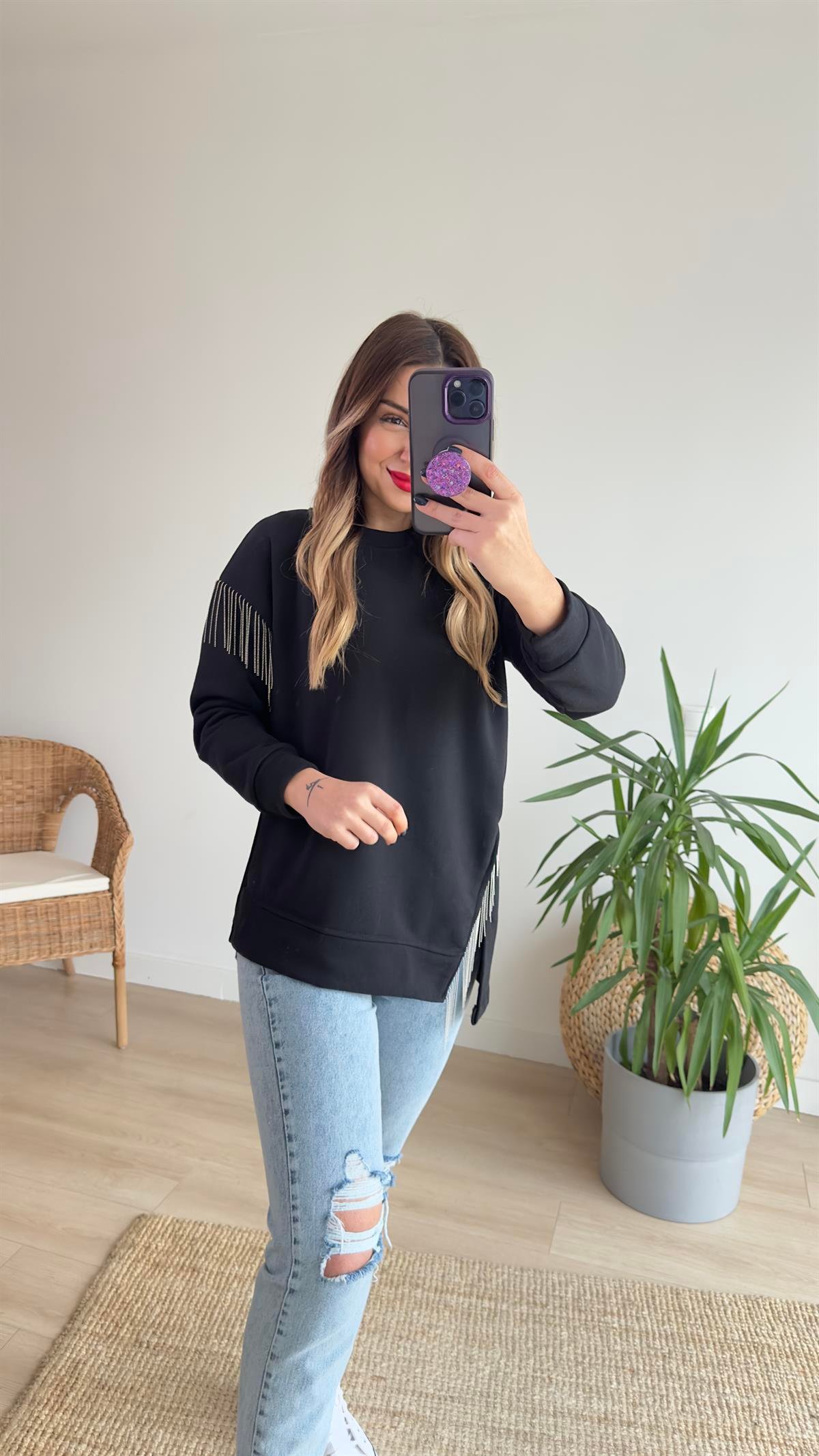 Üç İplik Zincirli Siyah Sweat