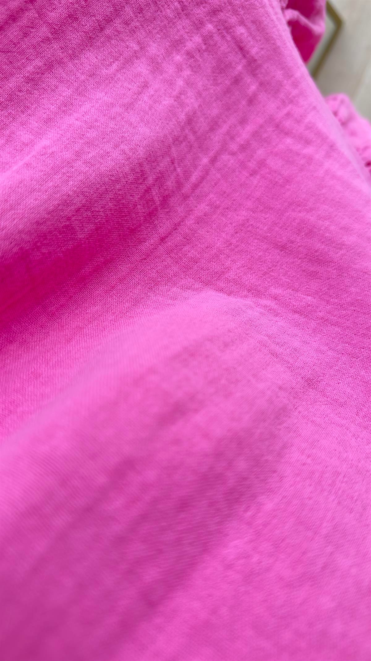 Eteği Fırfırlı Pembe Keten Elbise 
